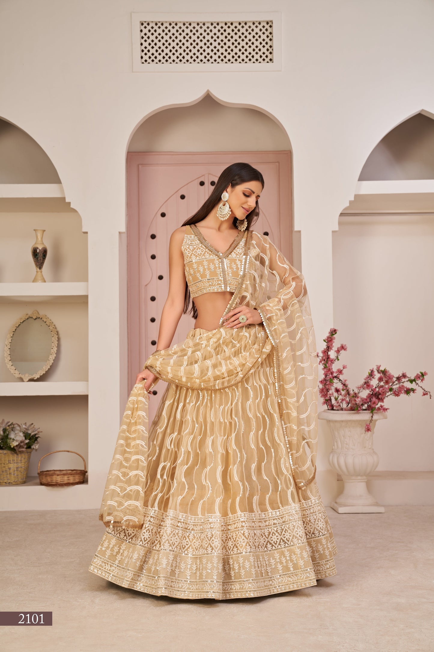 Beige Beautifull Net With Cotton Thread and Sequins Embroidery Work Party Lehenga Choli