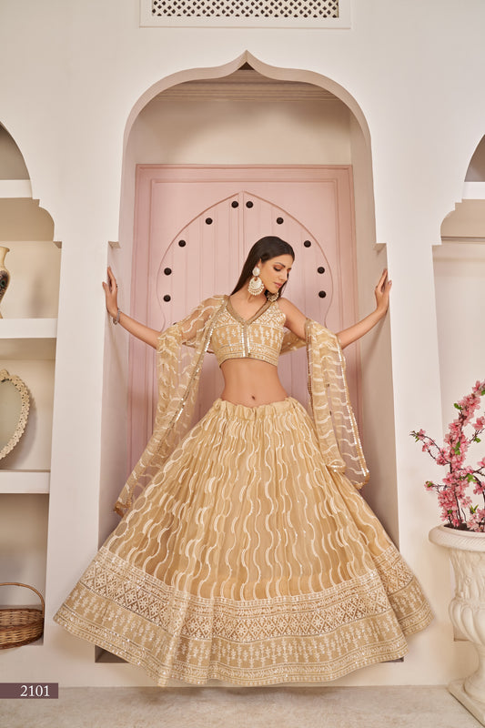 Beige Beautifull Net With Cotton Thread and Sequins Embroidery Work Party Lehenga Choli
