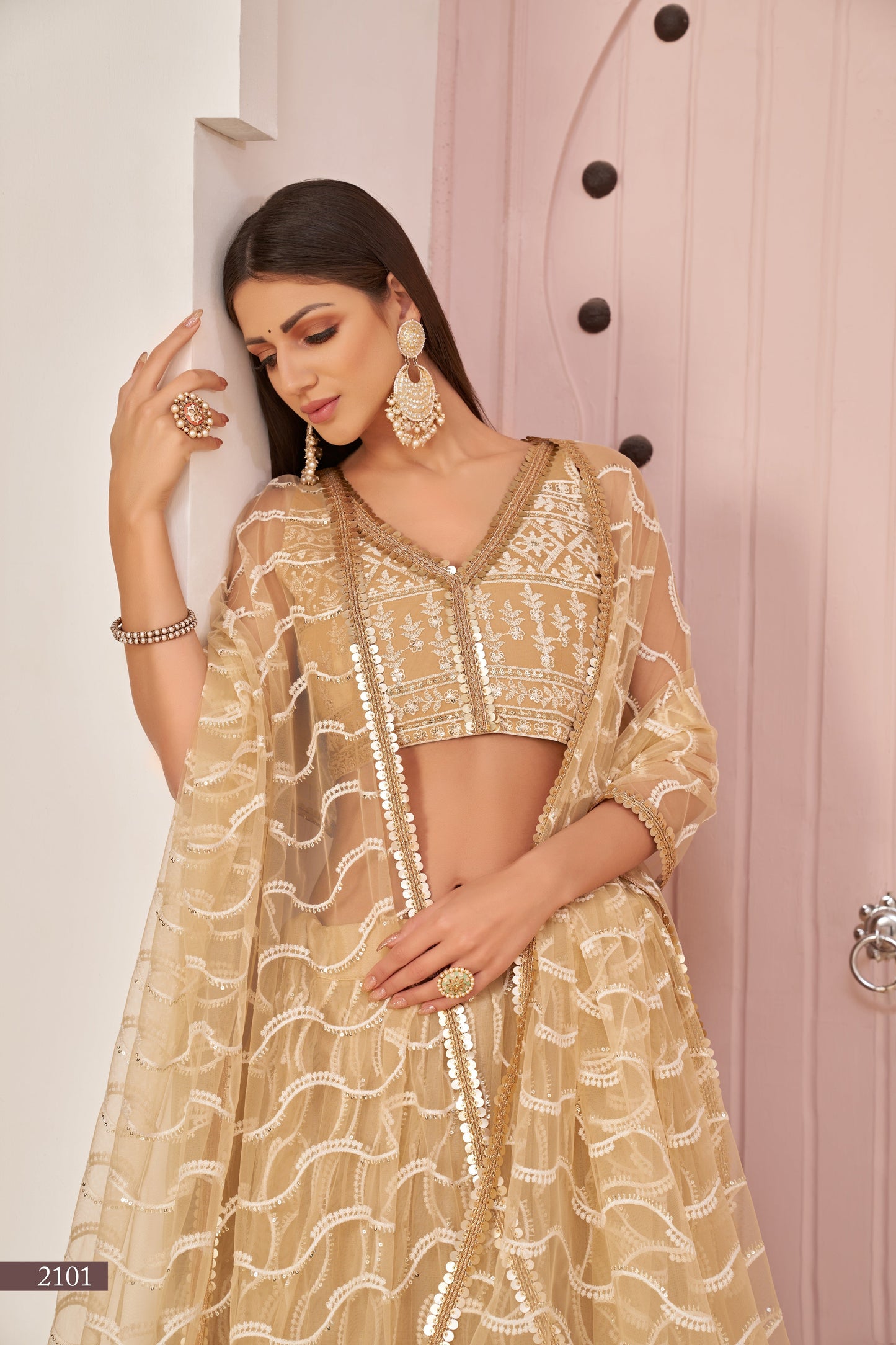 Beige Beautifull Net With Cotton Thread and Sequins Embroidery Work Party Lehenga Choli