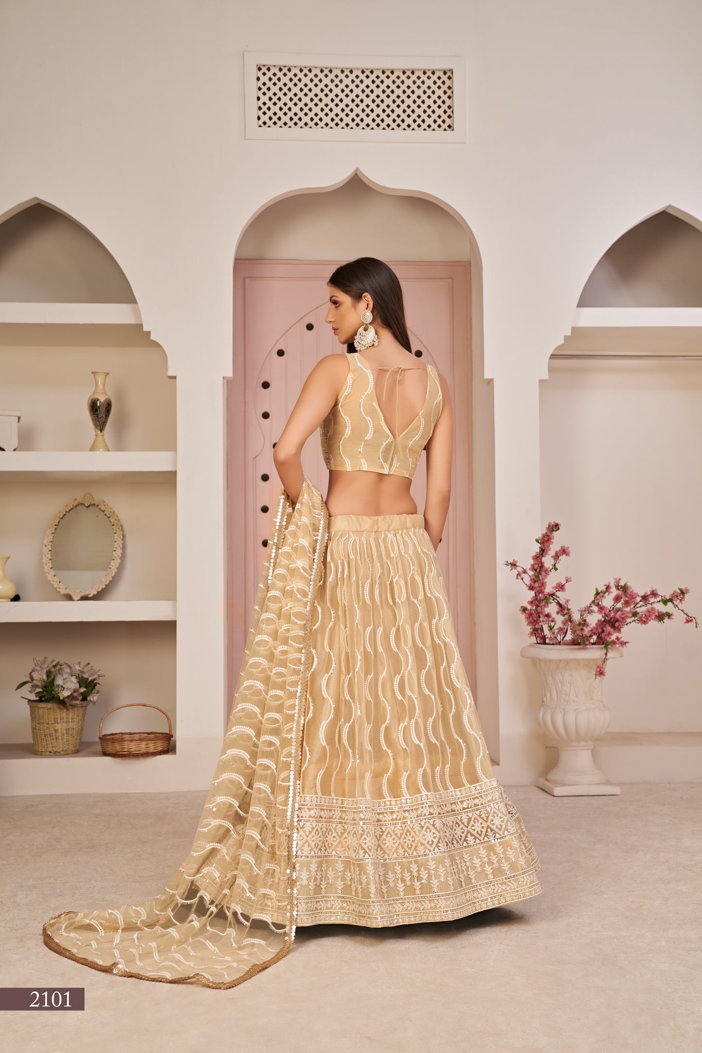 Beige Beautifull Net With Cotton Thread and Sequins Embroidery Work Party Lehenga Choli
