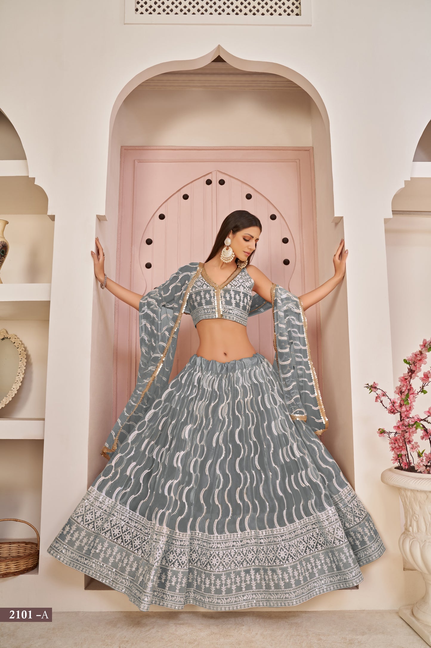 Grey Beautifull Net With Cotton Thread and Sequins Embroidery Work Party Lehenga Choli