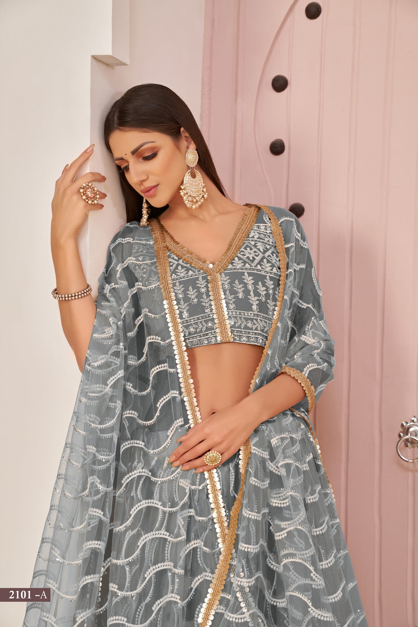 Grey Beautifull Net With Cotton Thread and Sequins Embroidery Work Party Lehenga Choli