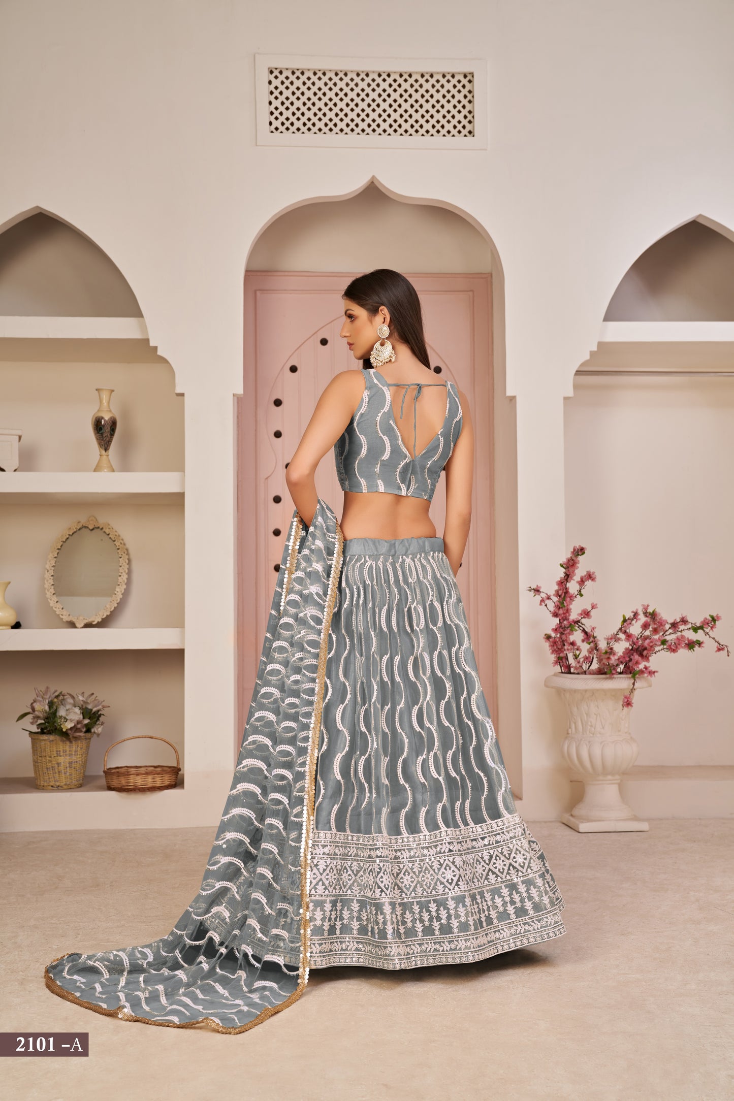 Grey Beautifull Net With Cotton Thread and Sequins Embroidery Work Party Lehenga Choli