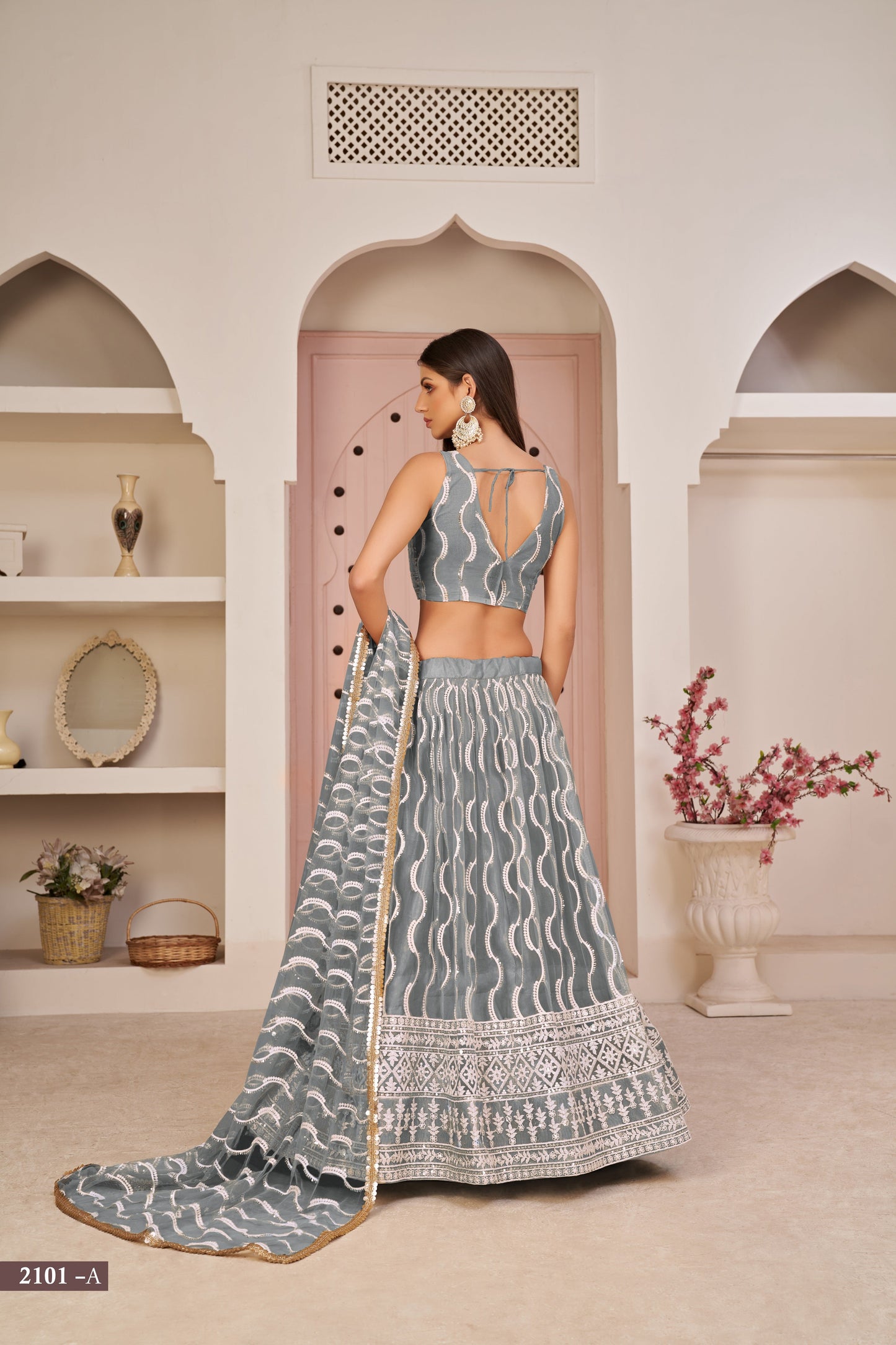 Grey Beautifull Net With Cotton Thread and Sequins Embroidery Work Party Lehenga Choli