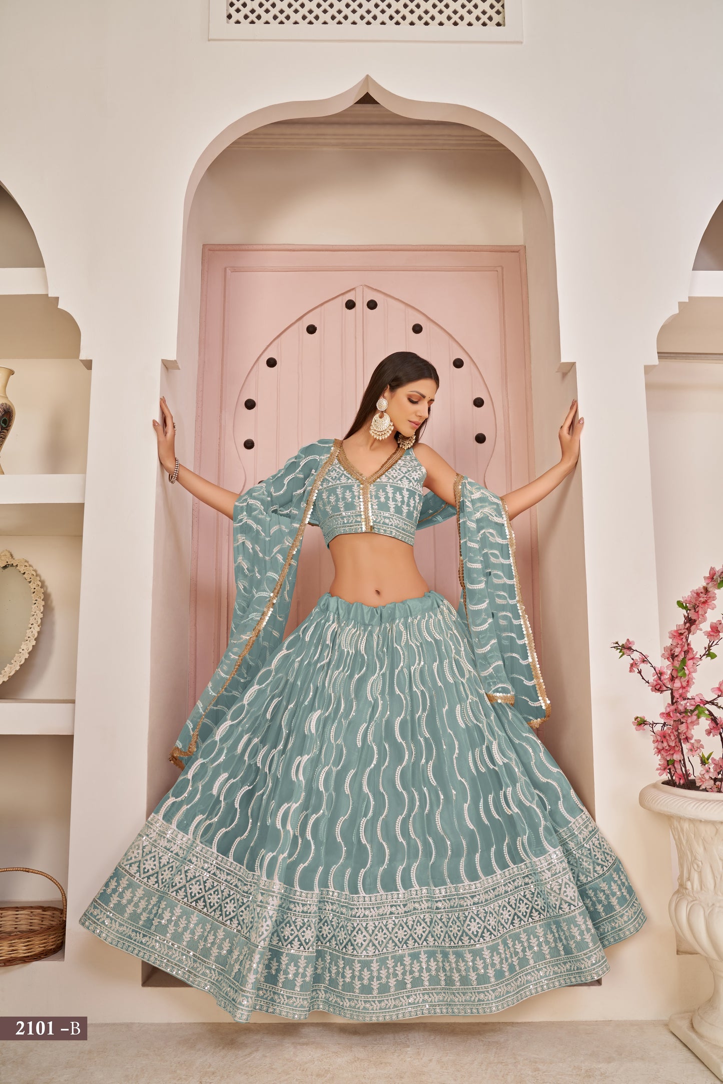 Oceanblue Beautifull Net With Cotton Thread and Sequins Embroidery Work Party Lehenga Choli