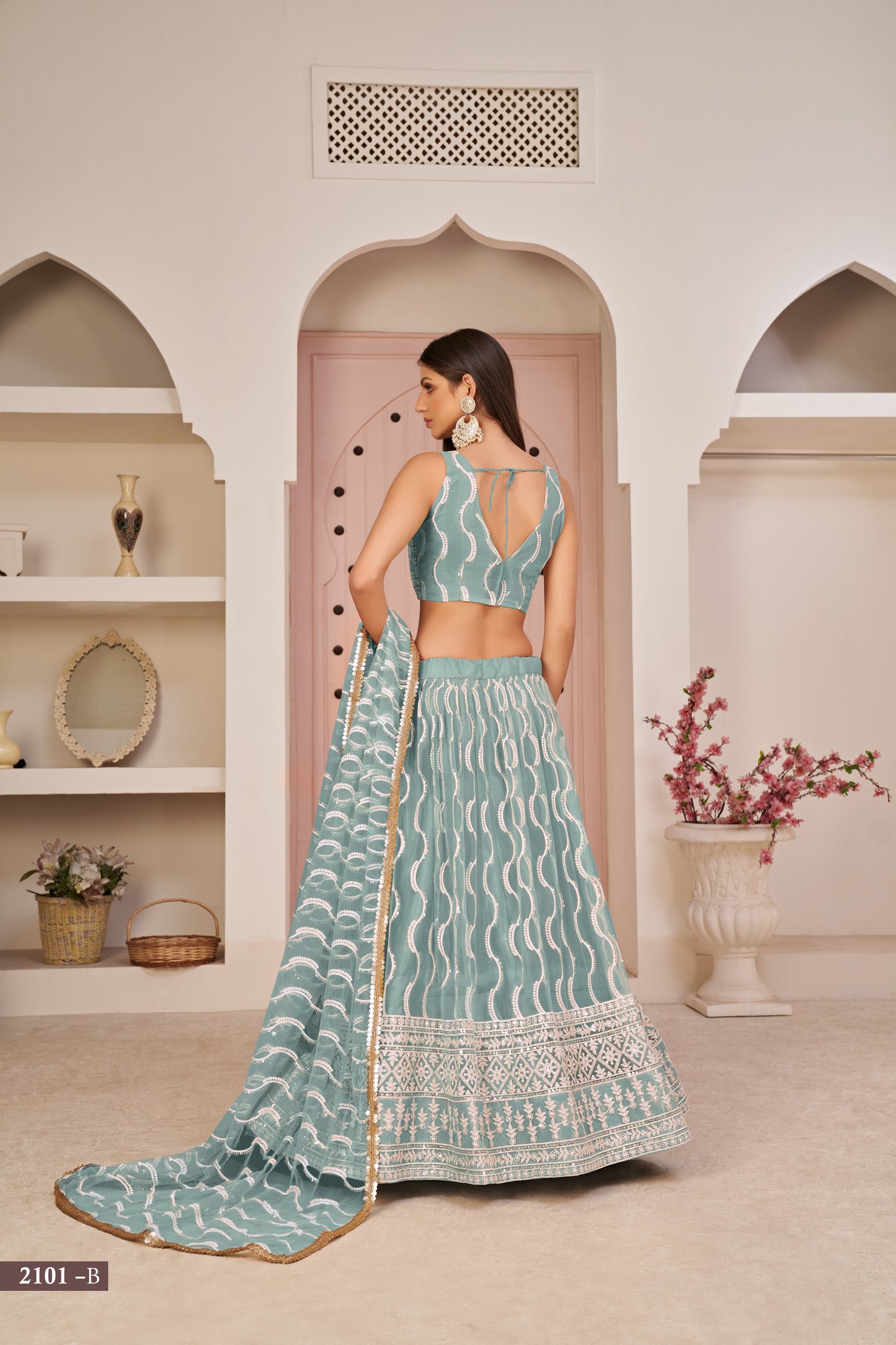 Oceanblue Beautifull Net With Cotton Thread and Sequins Embroidery Work Party Lehenga Choli