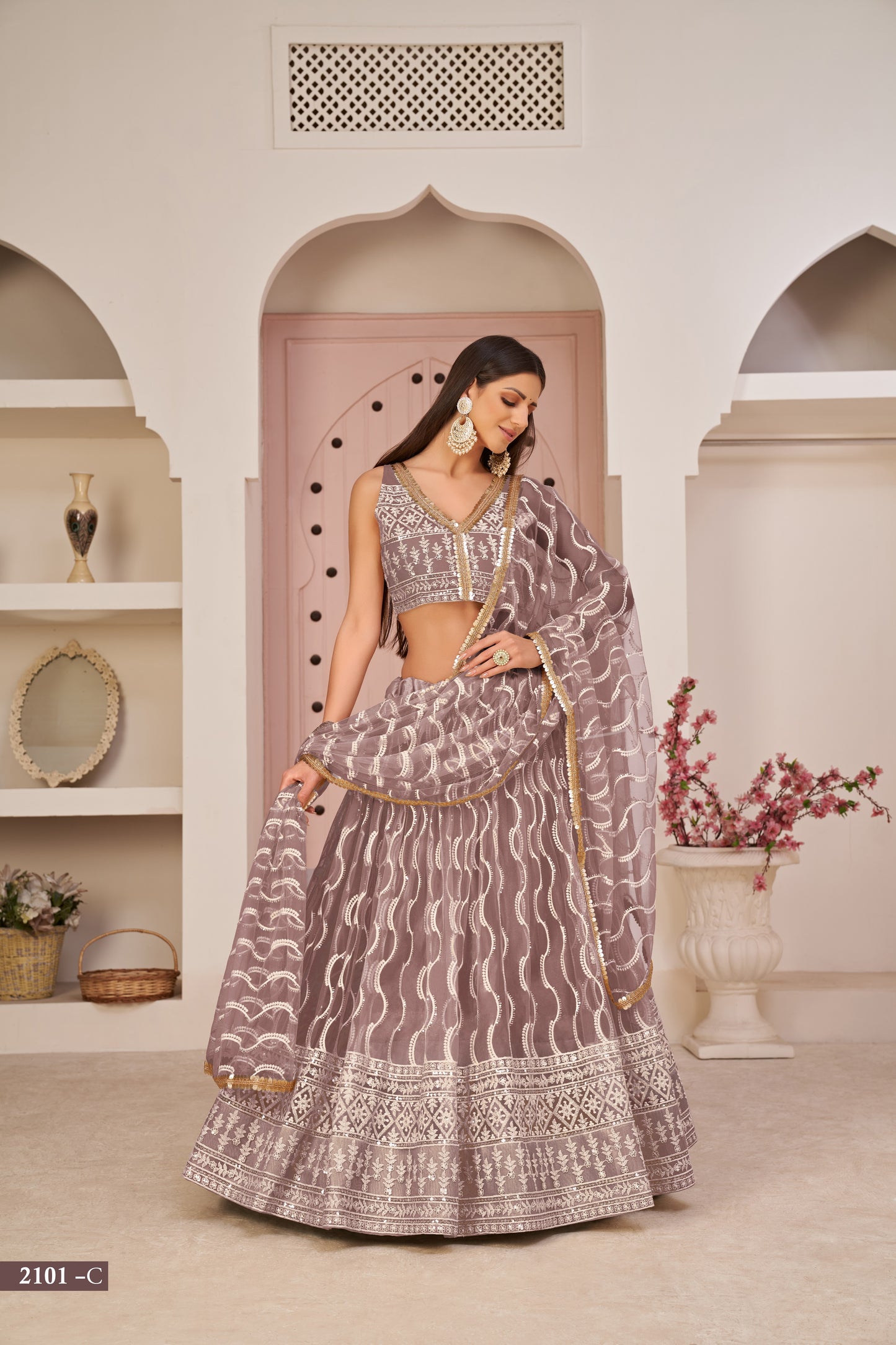 Onionpink Beautifull Net With Cotton Thread and Sequins Embroidery Work Party Lehenga Choli