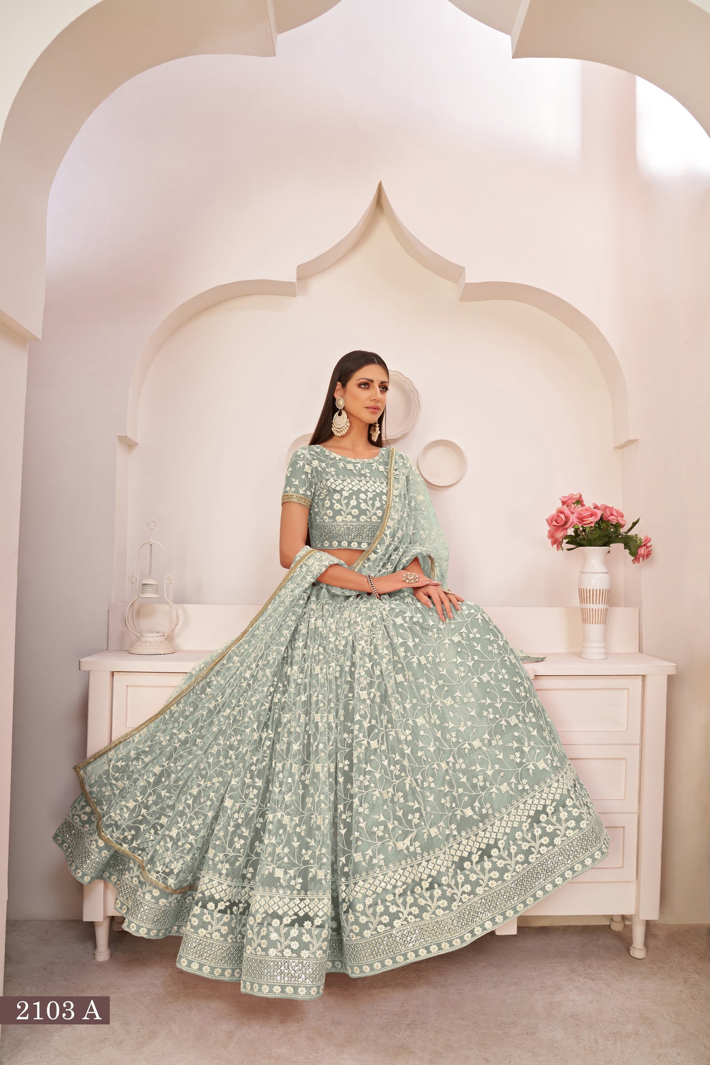 Green Beautifull Net With Cotton Thread and Sequins Embroidery Work Party Lehenga Choli