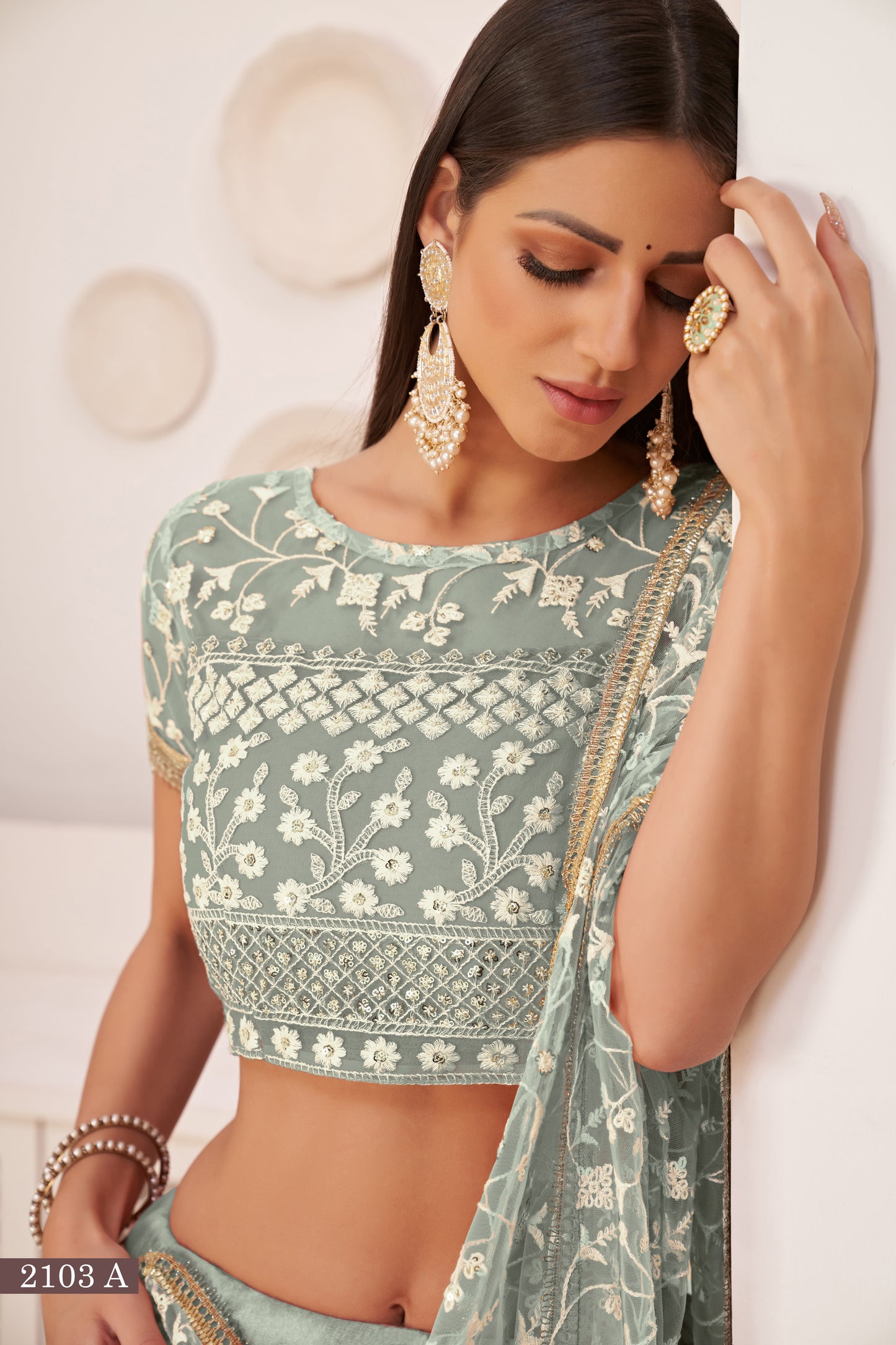 Green Beautifull Net With Cotton Thread and Sequins Embroidery Work Party Lehenga Choli