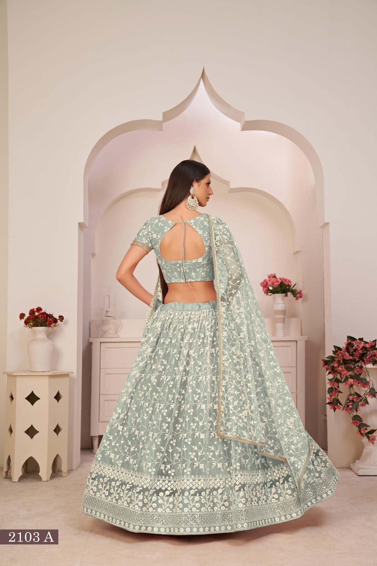 Green Beautifull Net With Cotton Thread and Sequins Embroidery Work Party Lehenga Choli