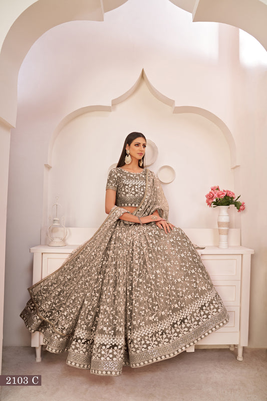 Brown Beautifull Net With Cotton Thread and Sequins Embroidery Work Party Lehenga Choli