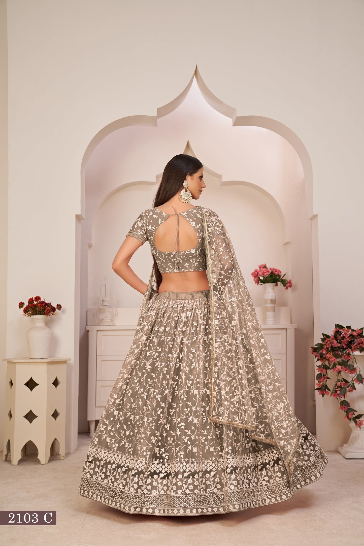Brown Beautifull Net With Cotton Thread and Sequins Embroidery Work Party Lehenga Choli