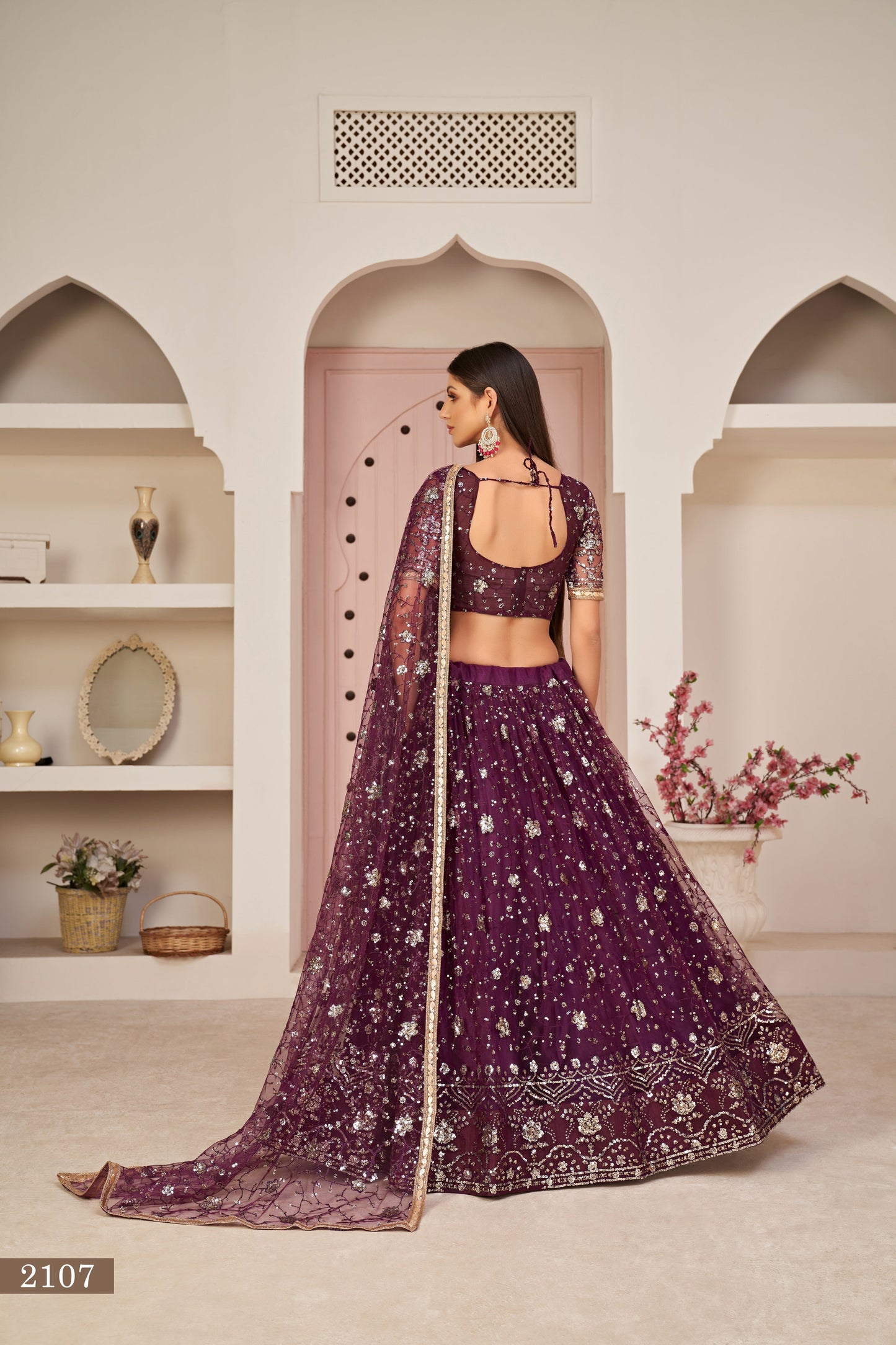 Wine Beautifull Net With Cotton Thread and Sequins Embroidery Work Party Lehenga Choli