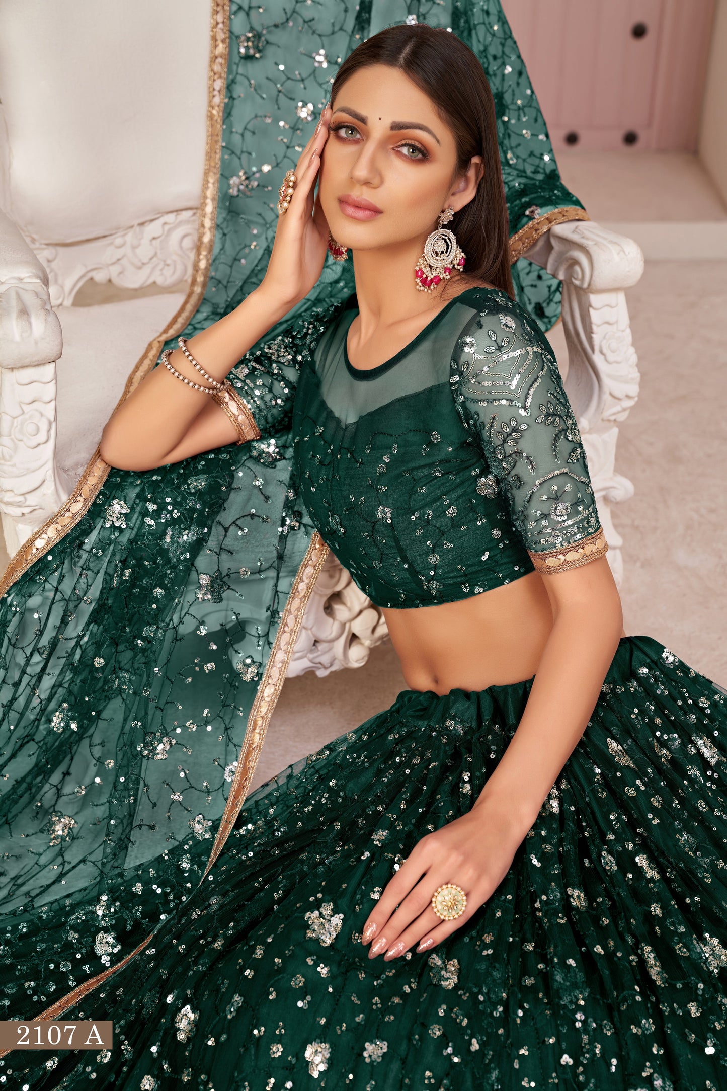 Dark Green net Embroidered With Thread and Sequins A Line Wedding Lehenga Choli