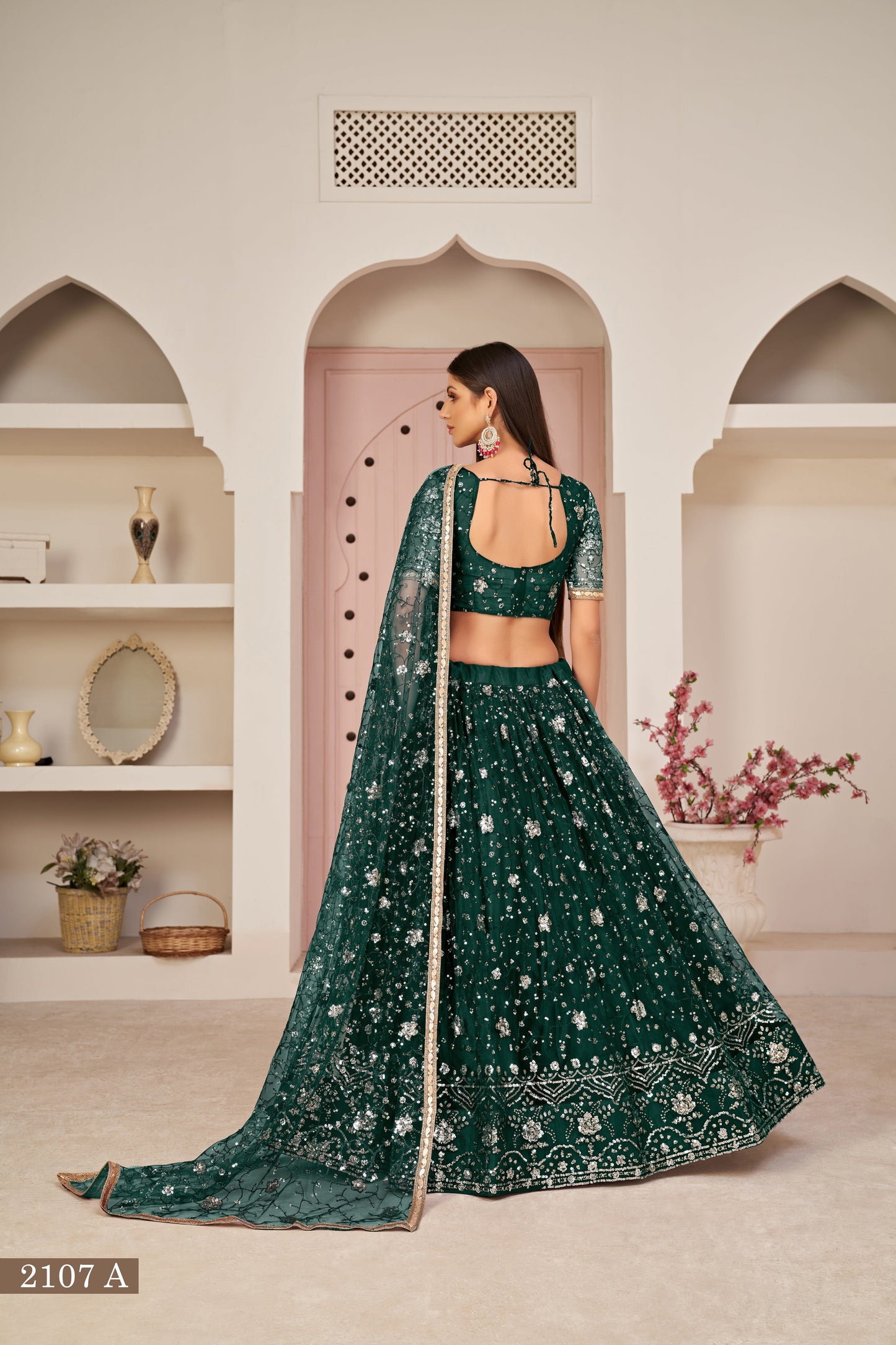 Dark Green net Embroidered With Thread and Sequins A Line Wedding Lehenga Choli
