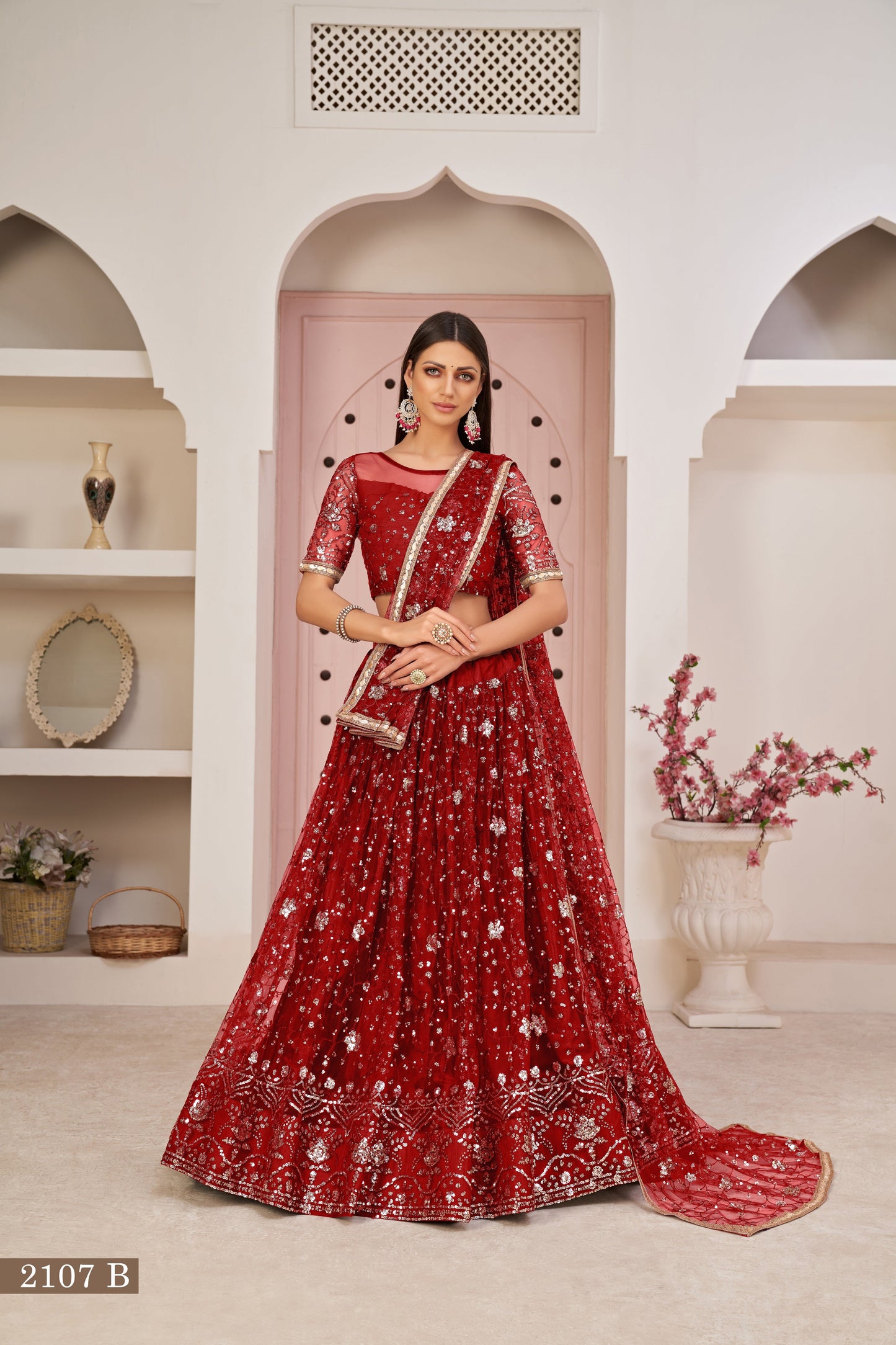 Red net Embroidered With Thread and Sequins A Line Wedding Lehenga Choli