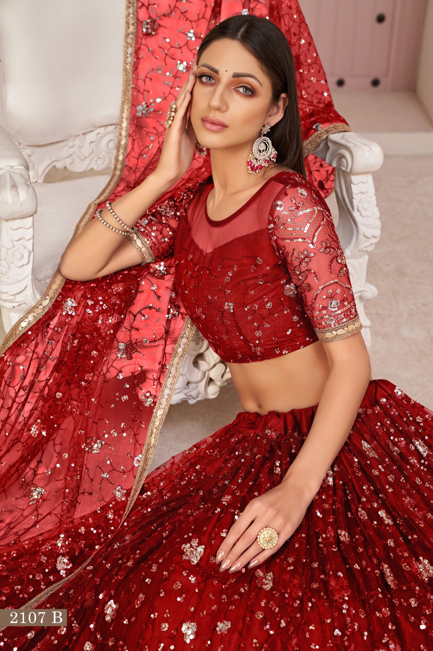 Red net Embroidered With Thread and Sequins A Line Wedding Lehenga Choli