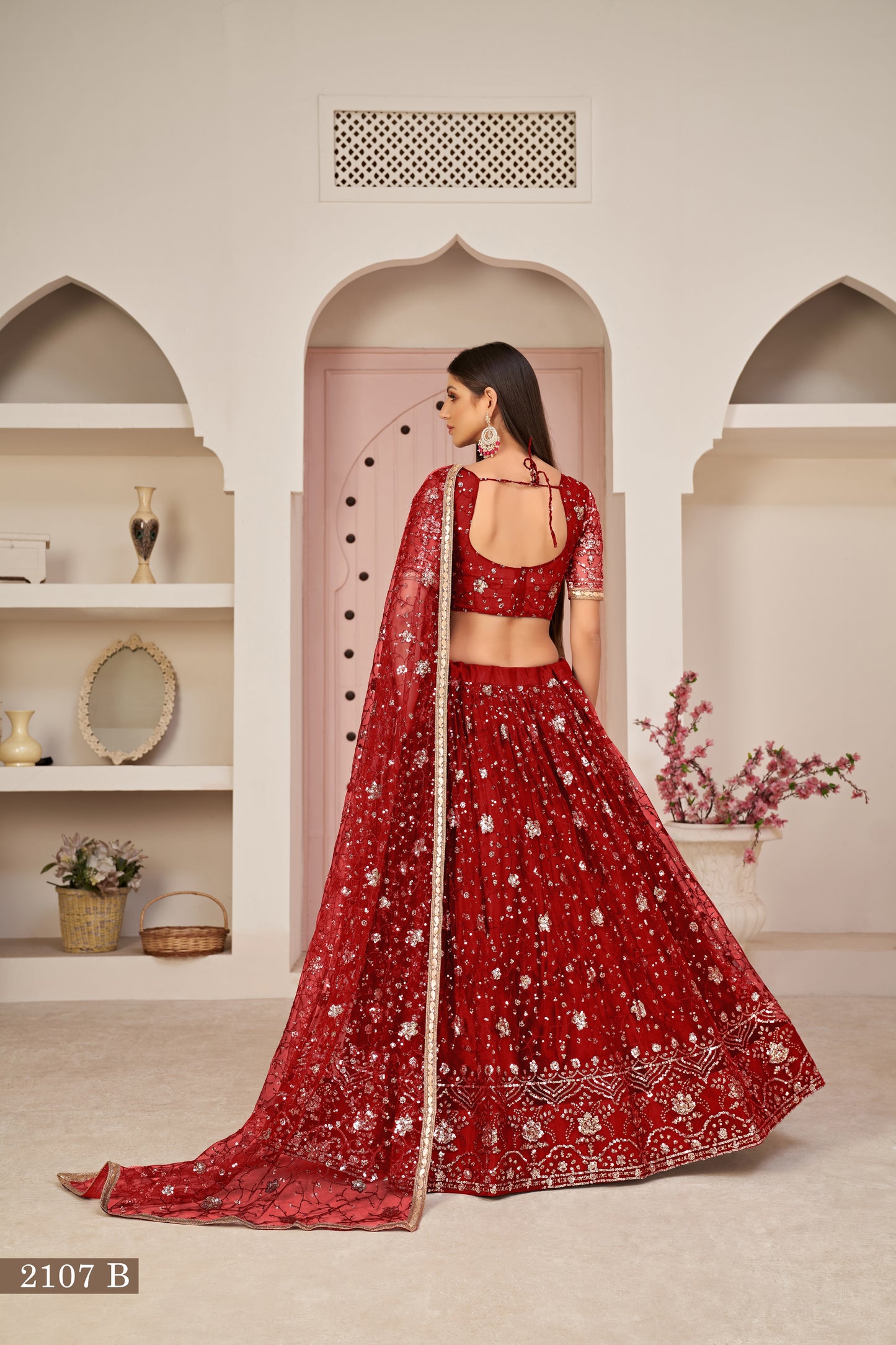 Red net Embroidered With Thread and Sequins A Line Wedding Lehenga Choli