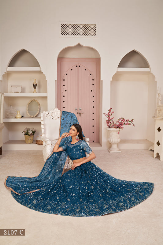 Blue Beautifull Net With Cotton Thread and Sequins Embroidery Work Party Lehenga Choli