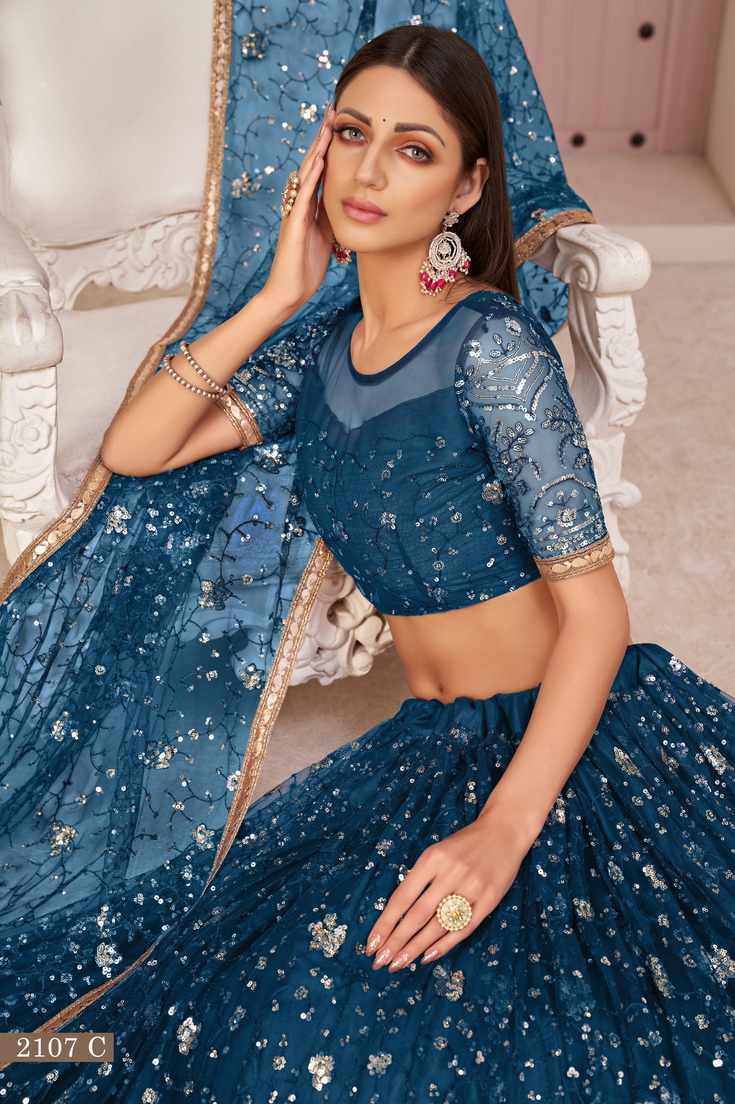 Blue Beautifull Net With Cotton Thread and Sequins Embroidery Work Party Lehenga Choli
