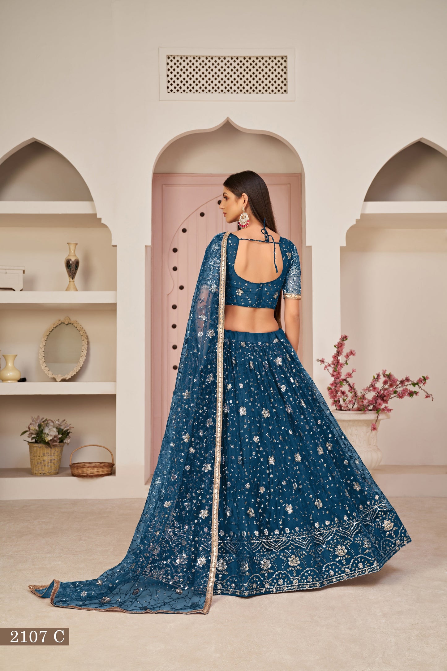 Blue Beautifull Net With Cotton Thread and Sequins Embroidery Work Party Lehenga Choli