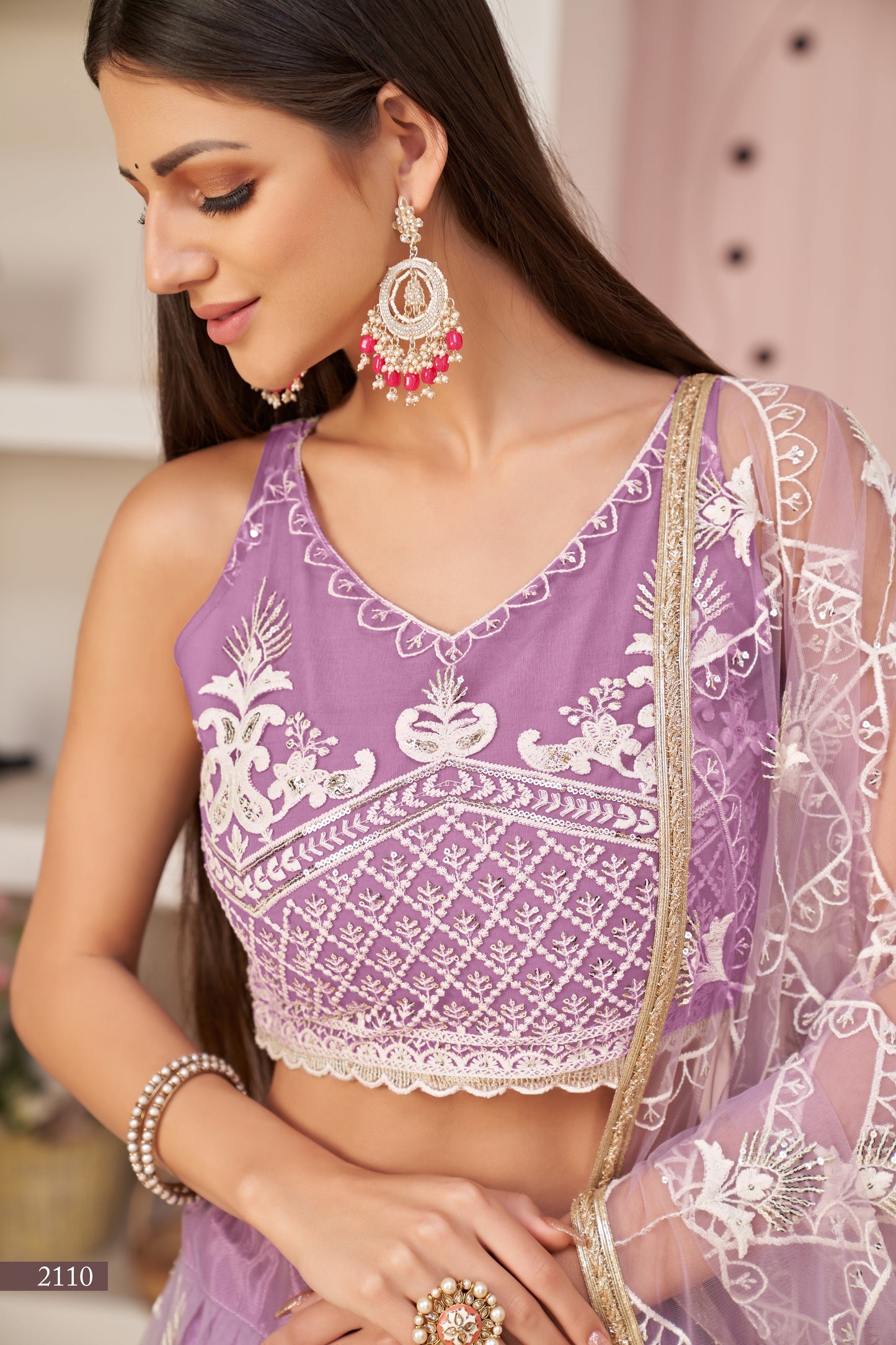 Lavender Women Embroidered A Line Flared Lehenga Choli Set with Dupatta