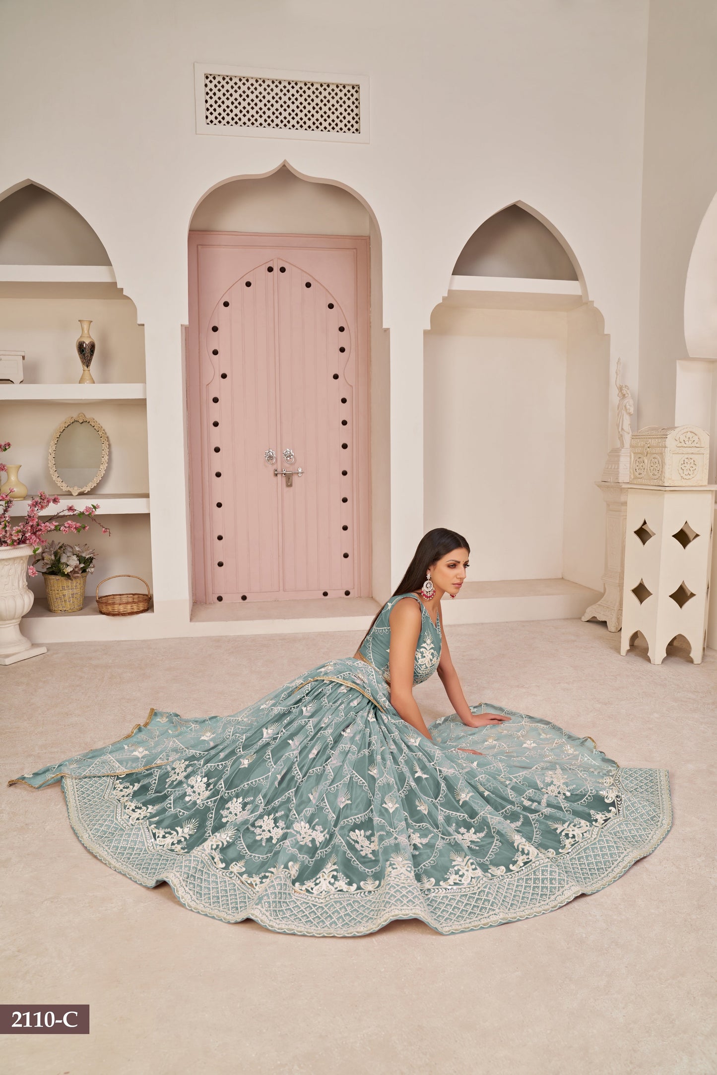 Oceanblue Women Embroidered A Line Flared Lehenga Choli Set with Dupatta