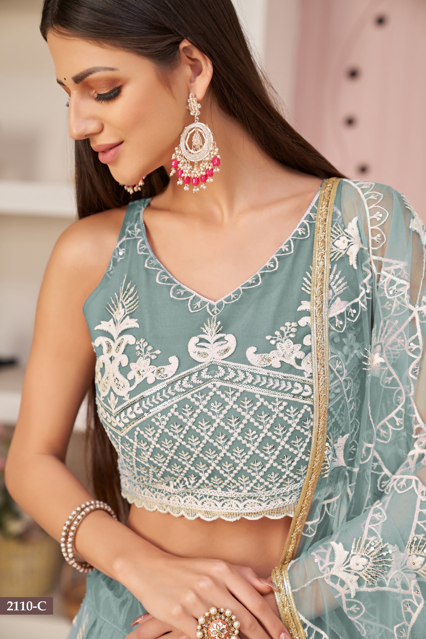 Oceanblue Women Embroidered A Line Flared Lehenga Choli Set with Dupatta
