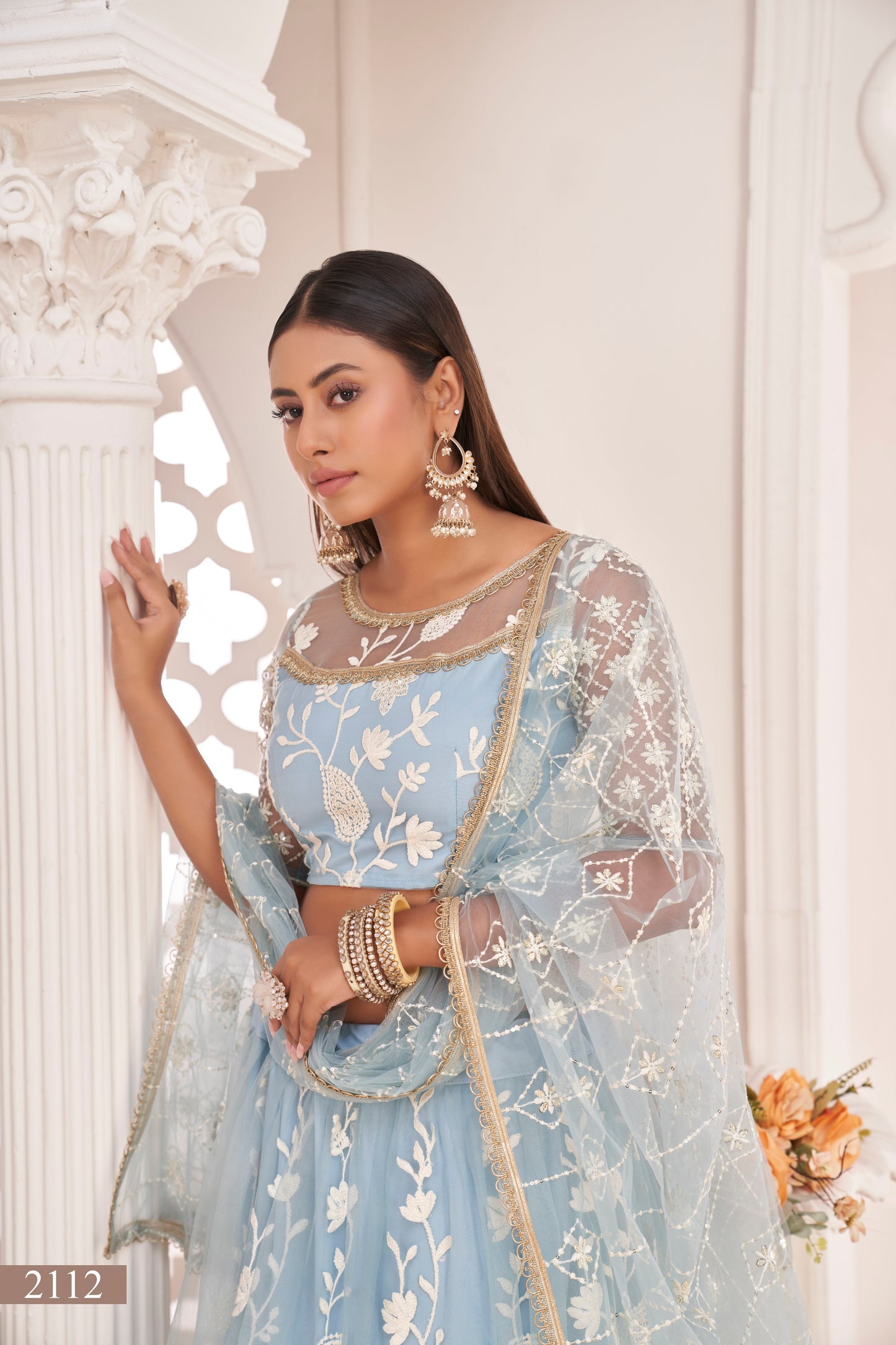 Blue White Cotton Thread And Zari Sandwich Sequence Embroidery Work With Wedding Lehenga Choli