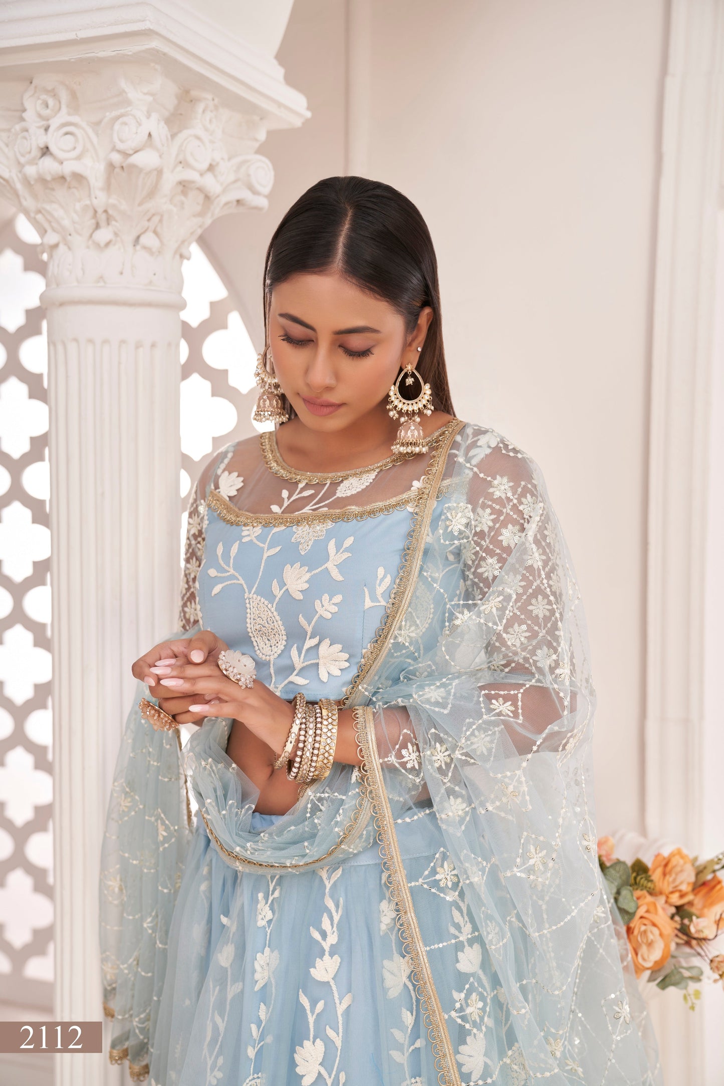 Blue White Cotton Thread And Zari Sandwich Sequence Embroidery Work With Wedding Lehenga Choli