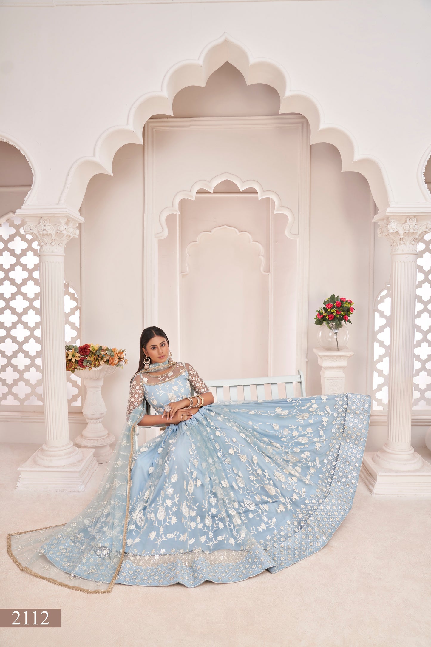 Blue White Cotton Thread And Zari Sandwich Sequence Embroidery Work With Wedding Lehenga Choli