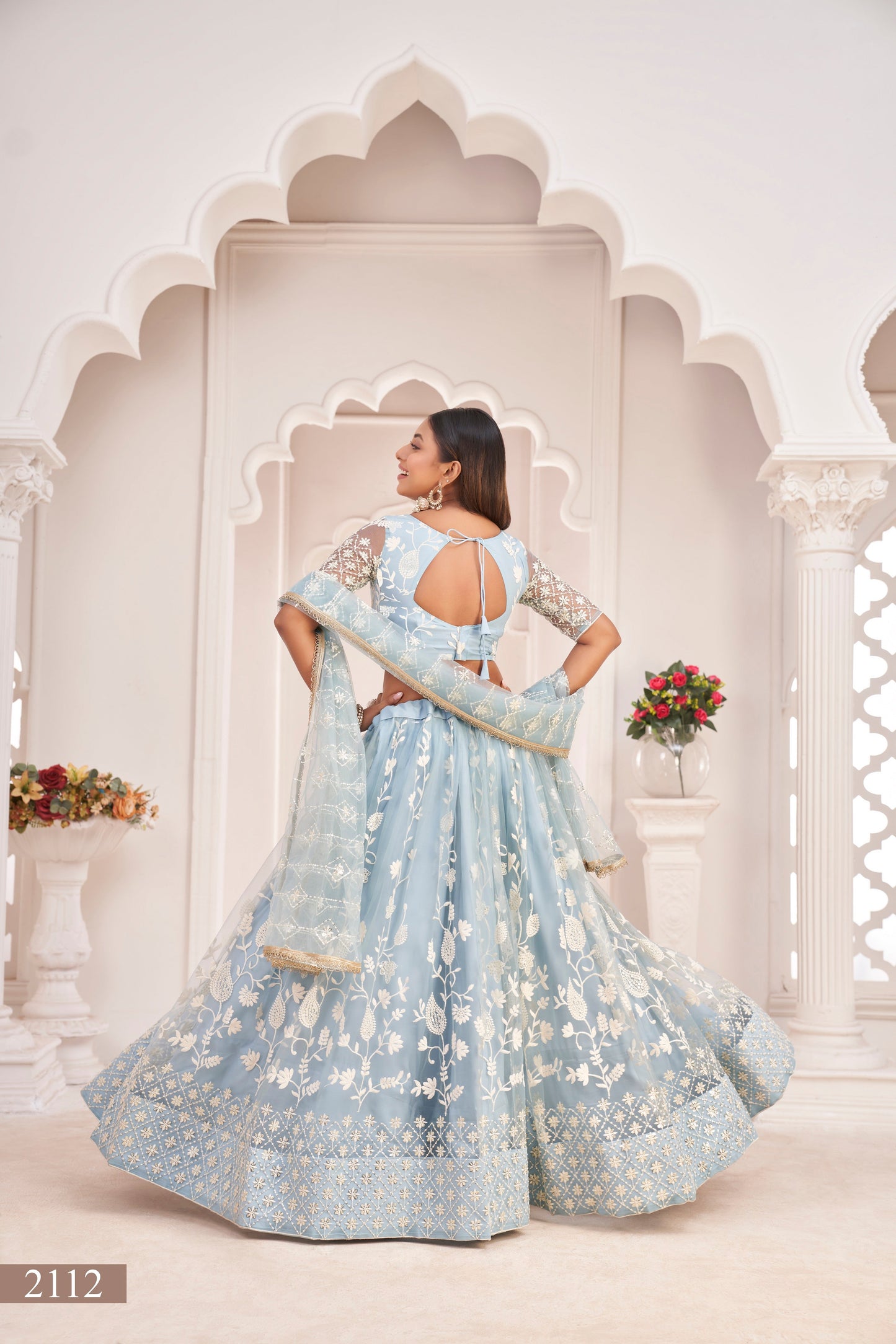Blue White Cotton Thread And Zari Sandwich Sequence Embroidery Work With Wedding Lehenga Choli