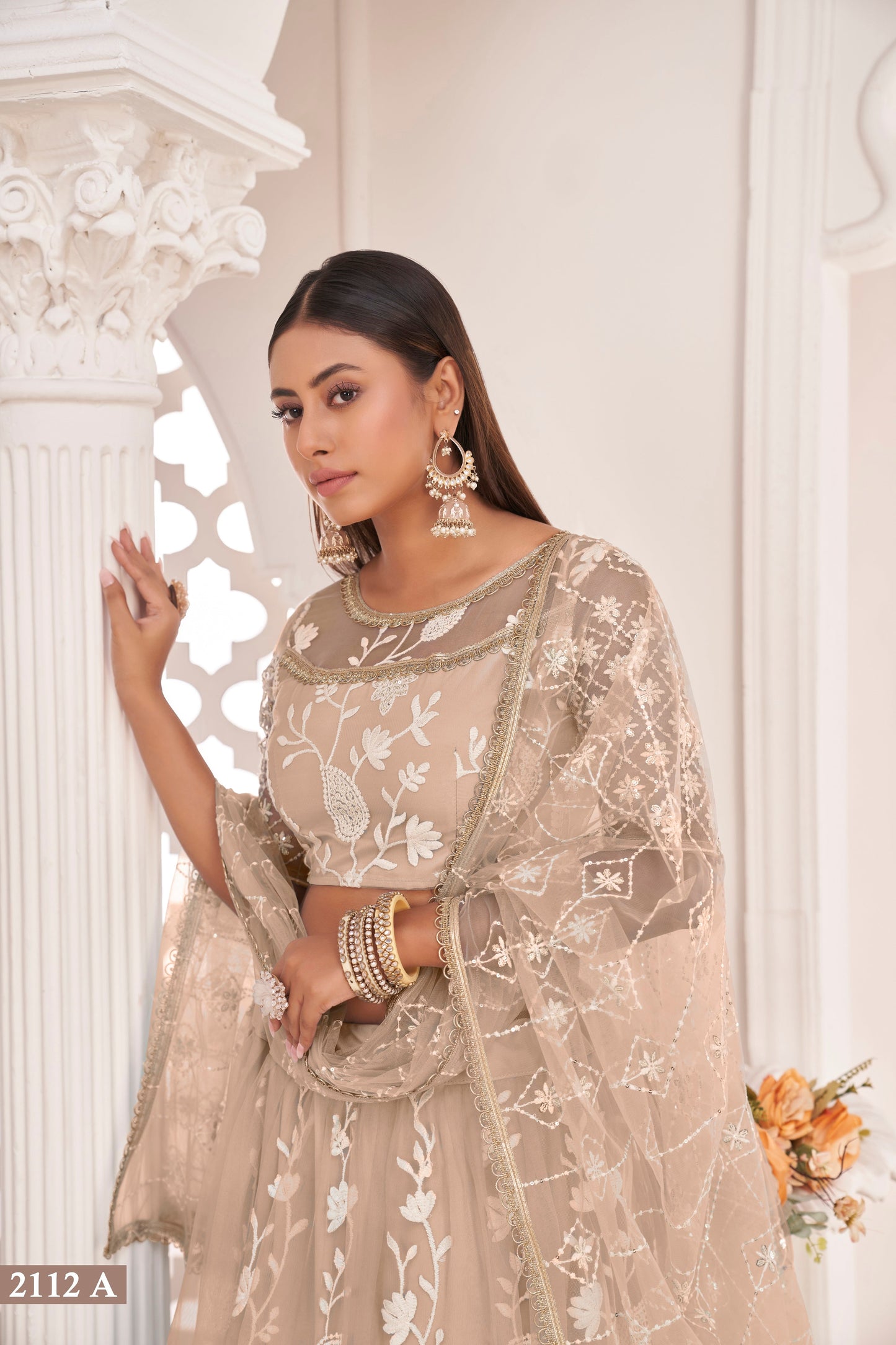Dustychiqu White Cotton Thread And Zari Sandwich Sequence Embroidery Work With Wedding Lehenga Choli