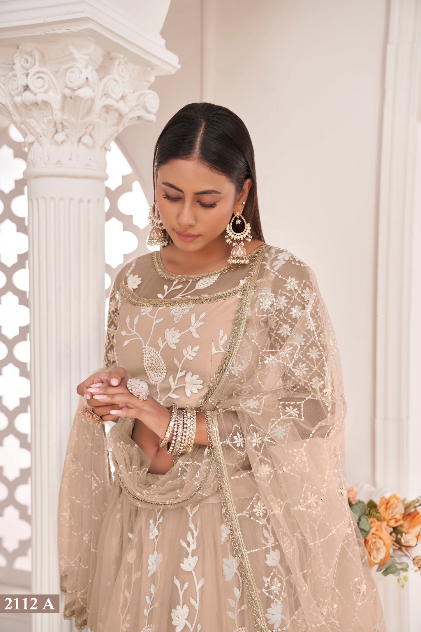 Dustychiqu White Cotton Thread And Zari Sandwich Sequence Embroidery Work With Wedding Lehenga Choli