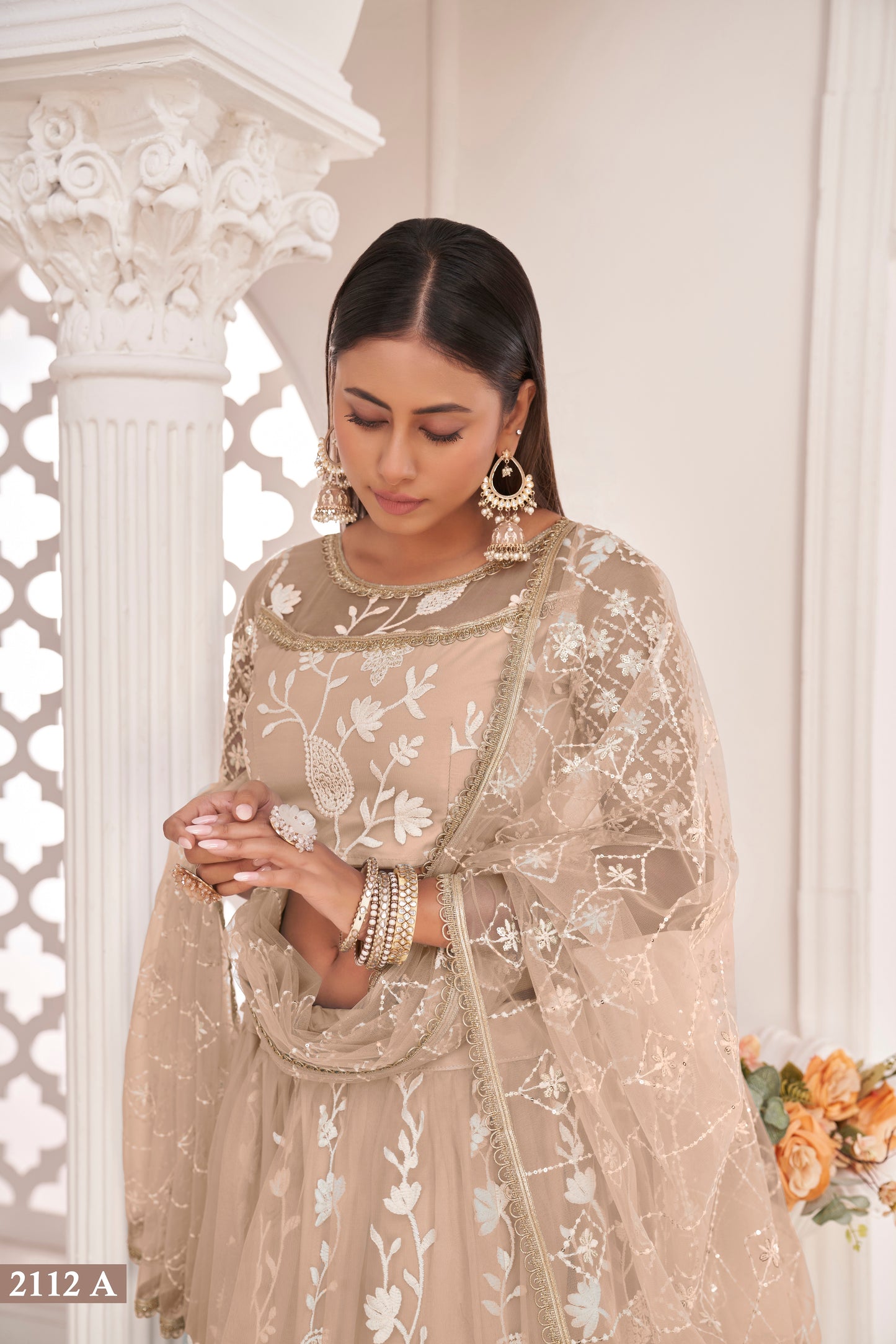 Dustychiqu White Cotton Thread And Zari Sandwich Sequence Embroidery Work With Wedding Lehenga Choli