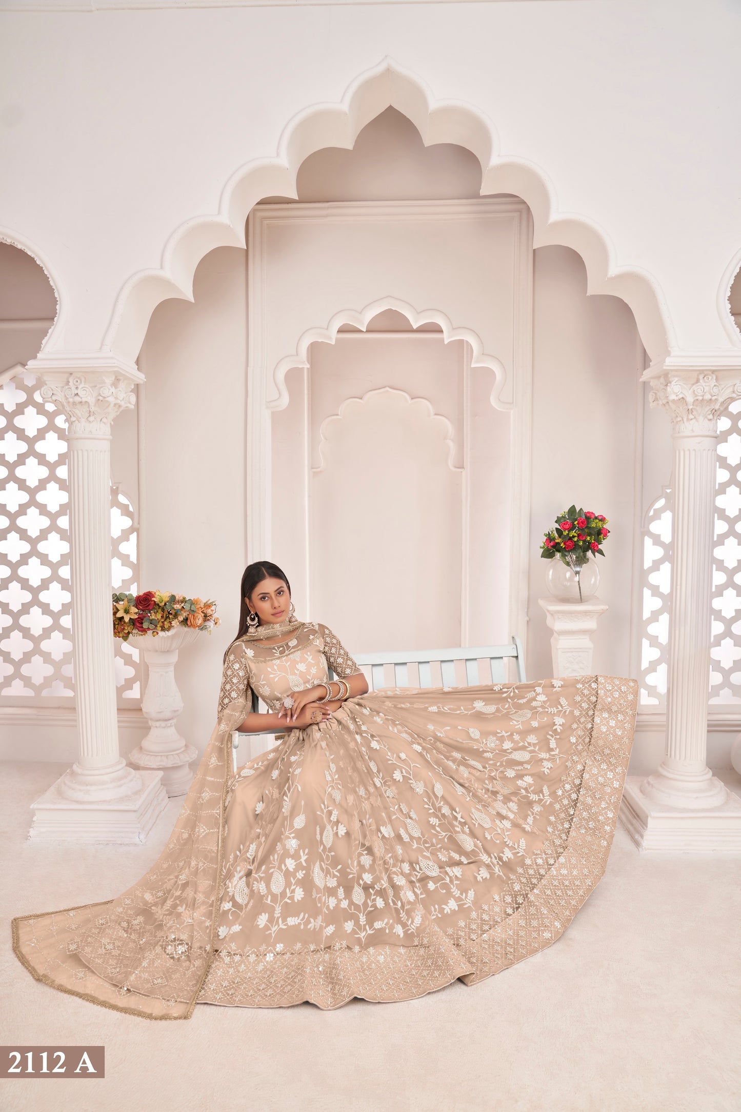 Dustychiqu White Cotton Thread And Zari Sandwich Sequence Embroidery Work With Wedding Lehenga Choli