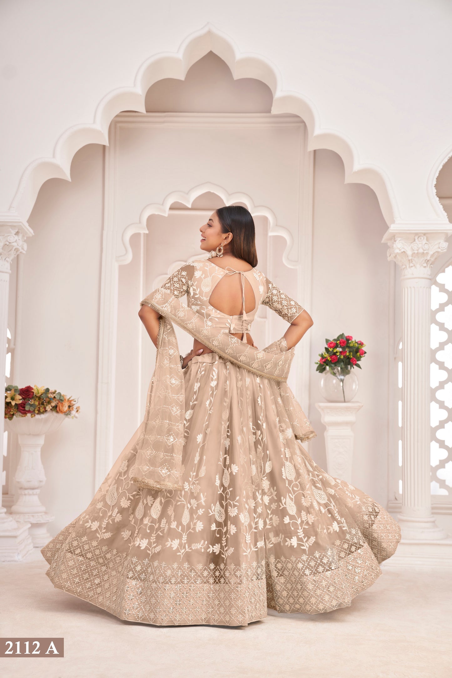 Dustychiqu White Cotton Thread And Zari Sandwich Sequence Embroidery Work With Wedding Lehenga Choli