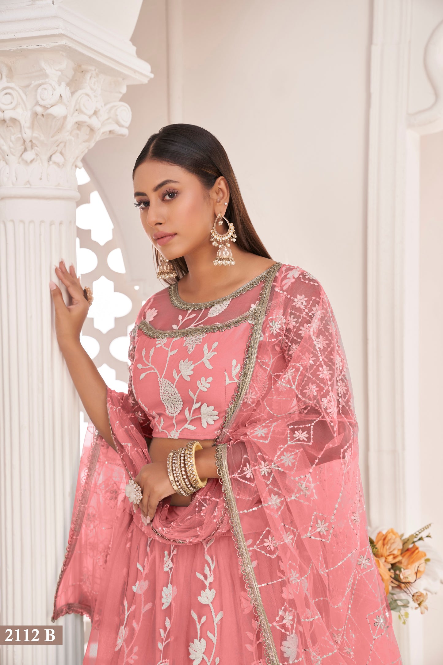 Peach White Cotton Thread And Zari Sandwich Sequence Embroidery Work With Wedding Lehenga Choli