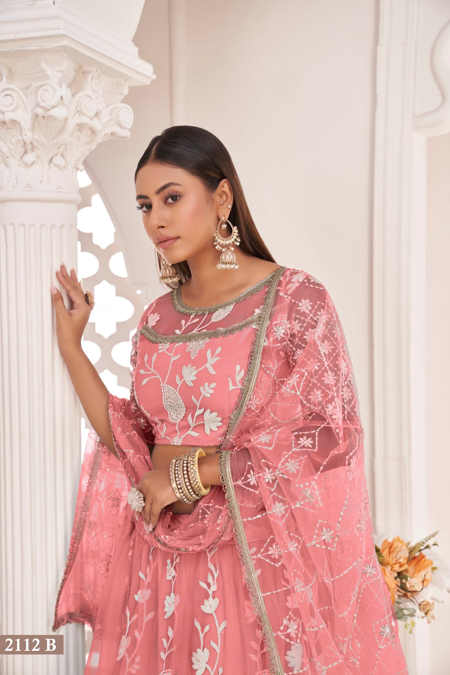 Peach White Cotton Thread And Zari Sandwich Sequence Embroidery Work With Wedding Lehenga Choli