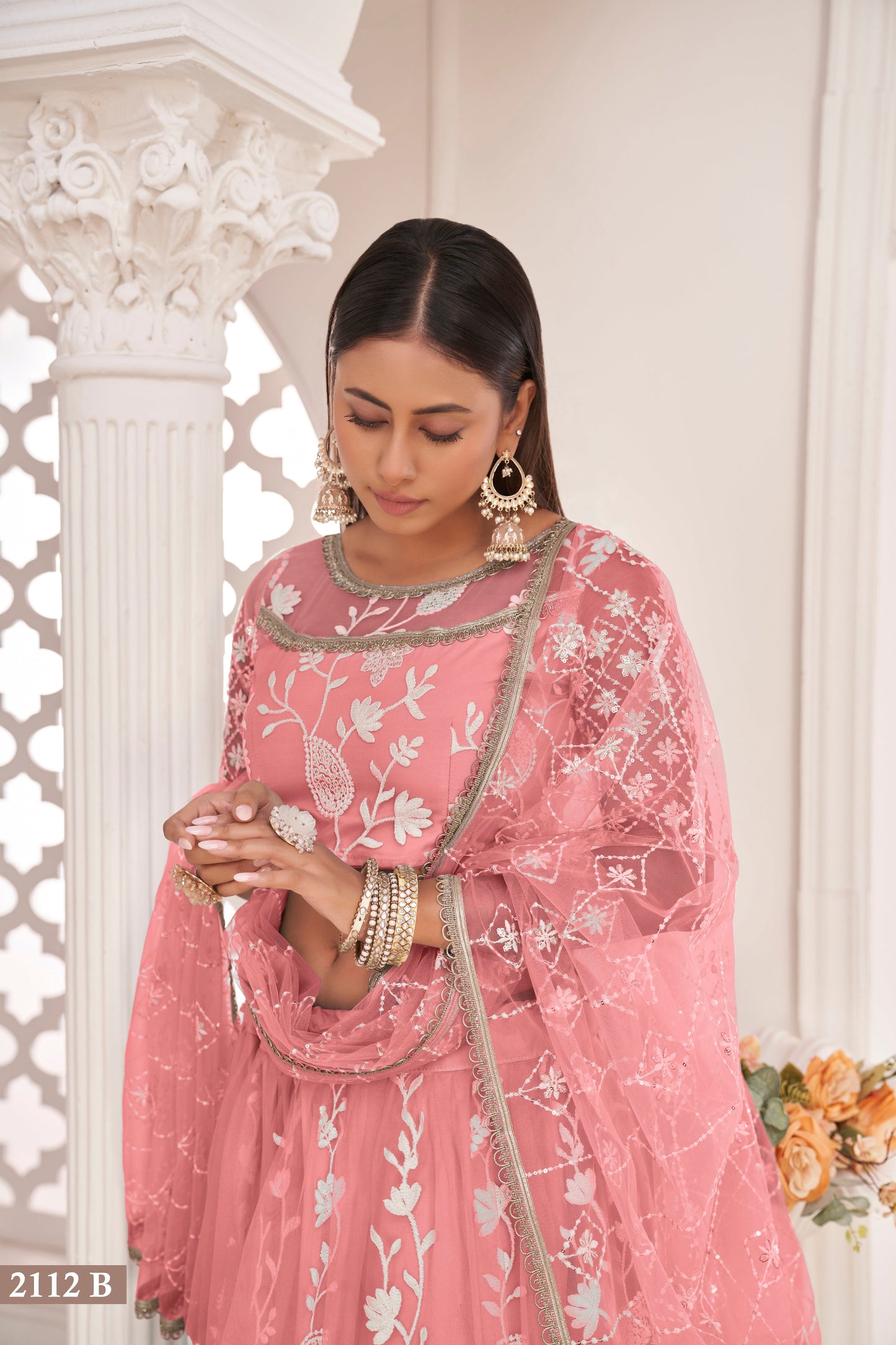 Peach White Cotton Thread And Zari Sandwich Sequence Embroidery Work With Wedding Lehenga Choli
