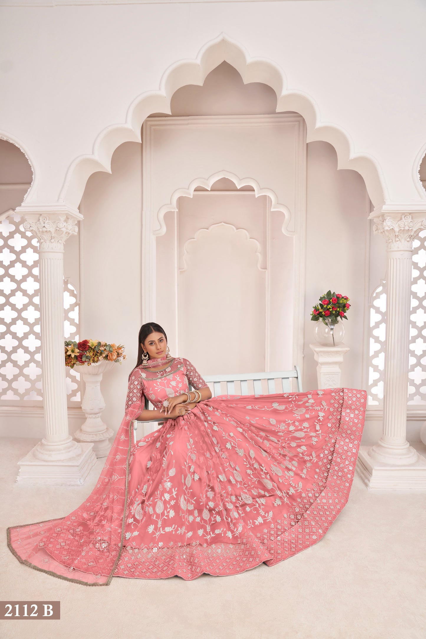 Peach White Cotton Thread And Zari Sandwich Sequence Embroidery Work With Wedding Lehenga Choli