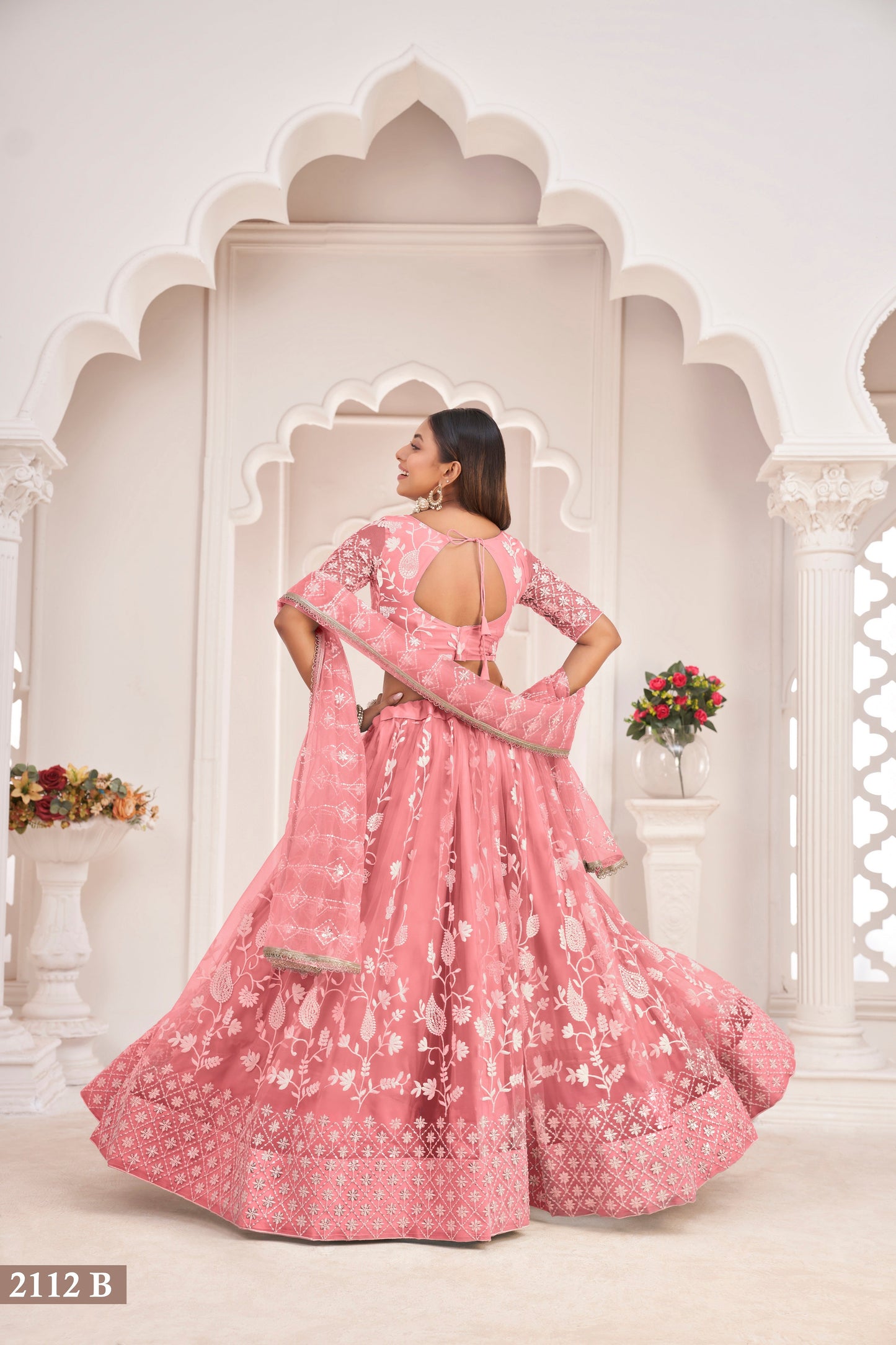 Peach White Cotton Thread And Zari Sandwich Sequence Embroidery Work With Wedding Lehenga Choli