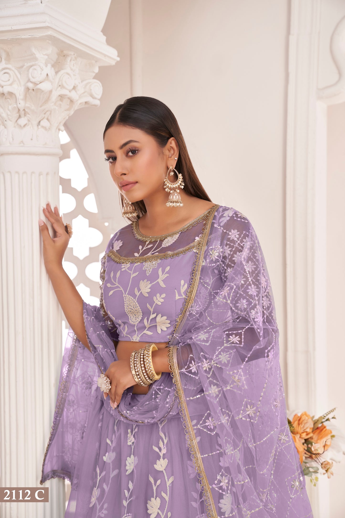 Light Purple White Cotton Thread And Zari Sandwich Sequence Embroidery Work With Wedding Lehenga Choli