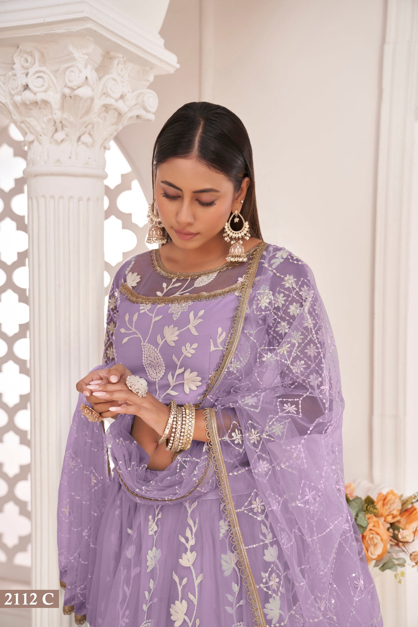Light Purple White Cotton Thread And Zari Sandwich Sequence Embroidery Work With Wedding Lehenga Choli