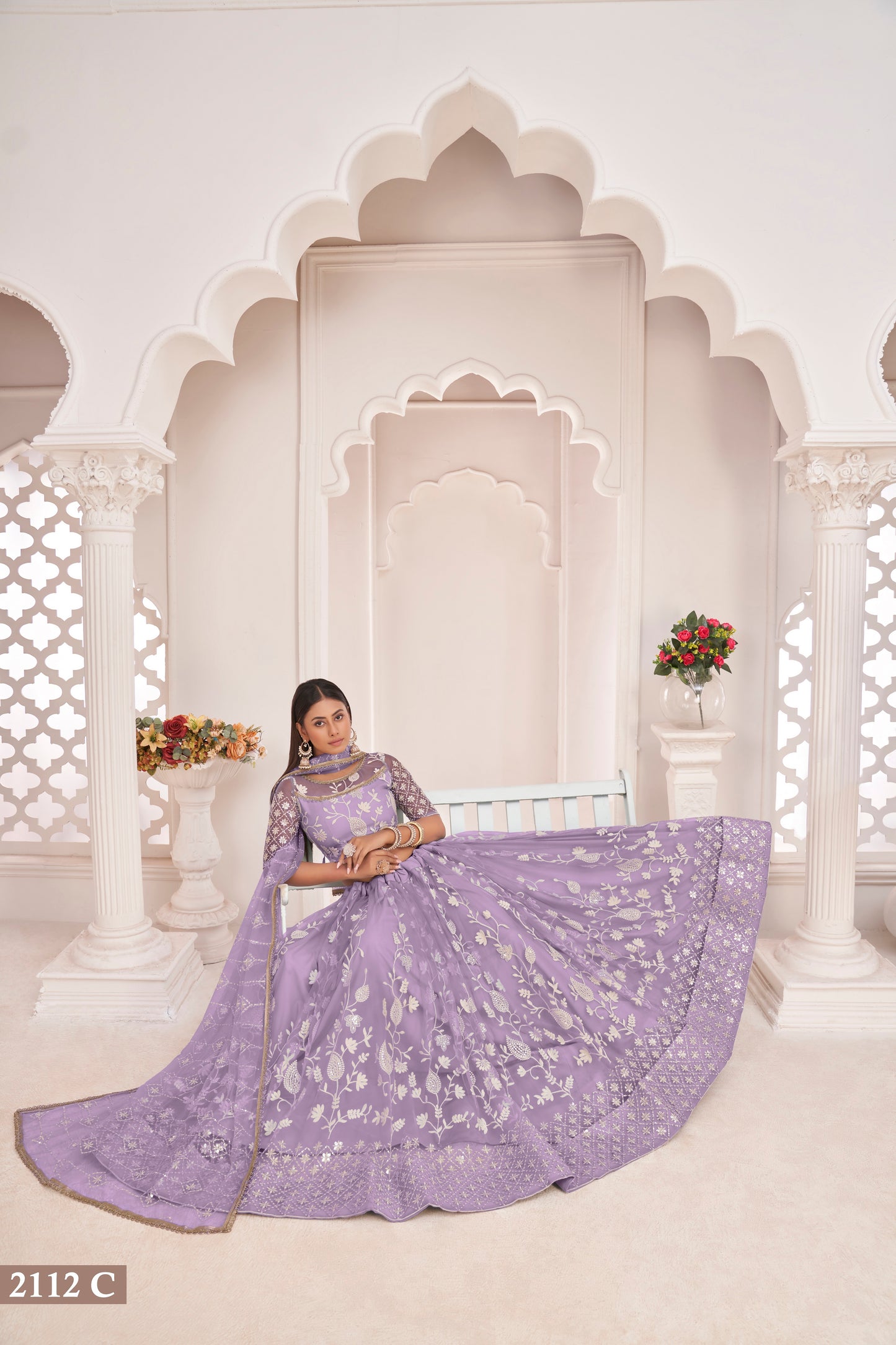 Light Purple White Cotton Thread And Zari Sandwich Sequence Embroidery Work With Wedding Lehenga Choli