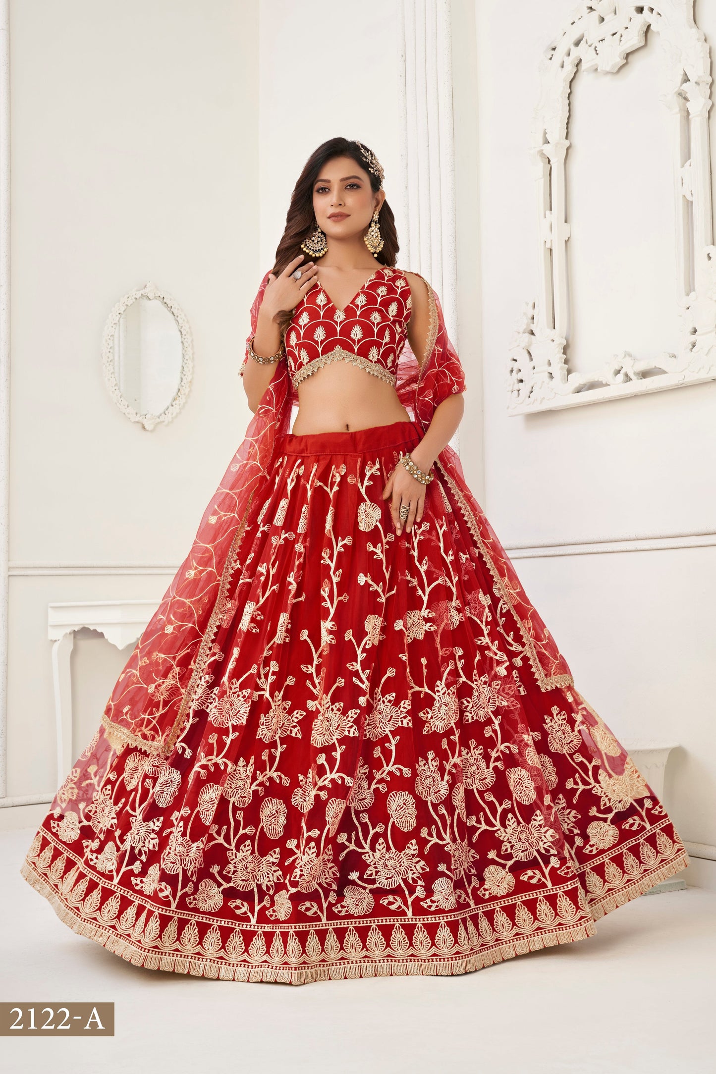Red Colour With Embroidery Zari And Sequins Work Reception Wear , Garba Wear , Engagement Wear , wedding Guest Lehenga Choli