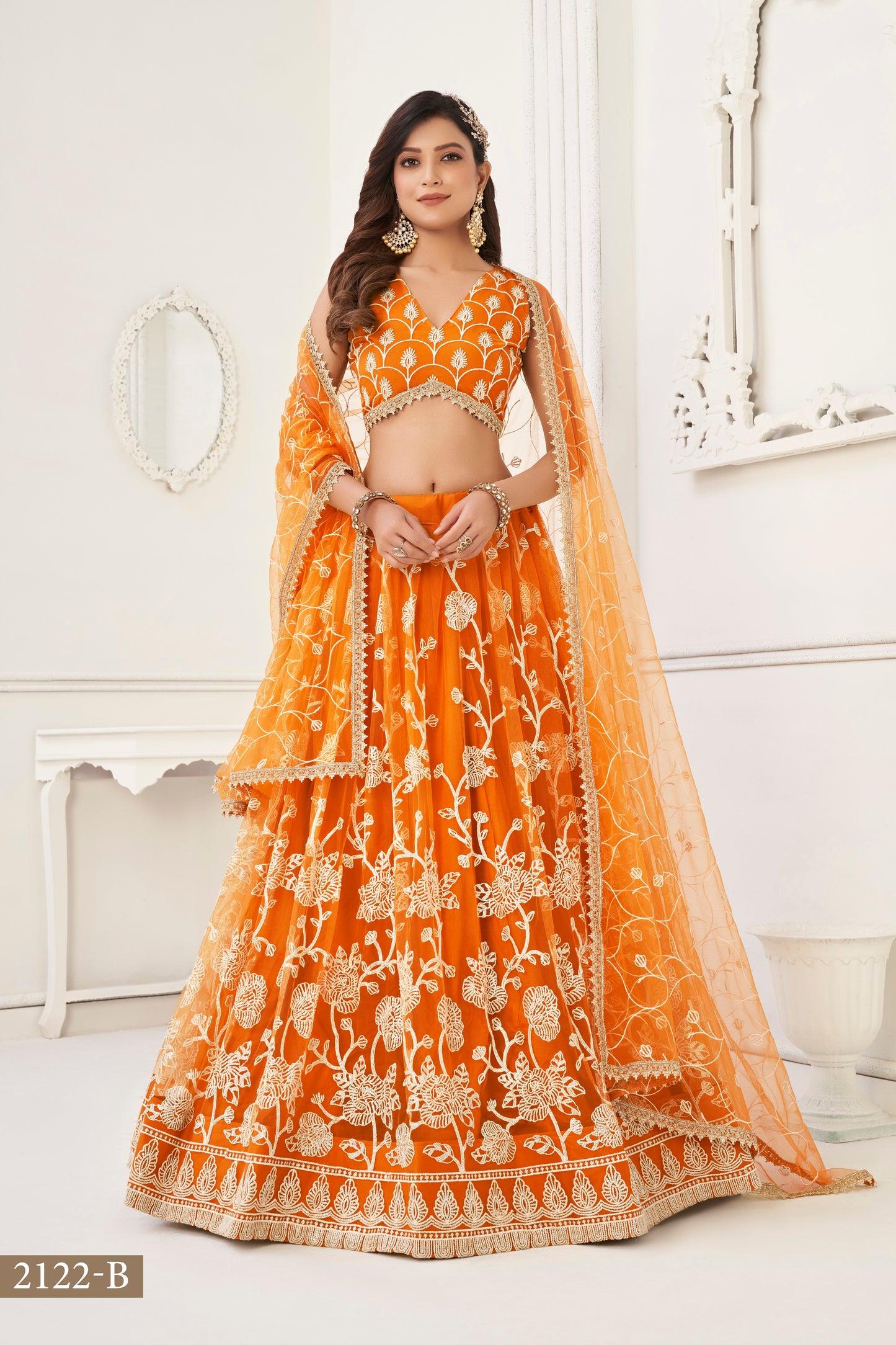Orange Colour With Embroidery Zari And Sequins Work Reception Wear , Garba Wear , Engagement Wear , wedding Guest Lehenga Choli