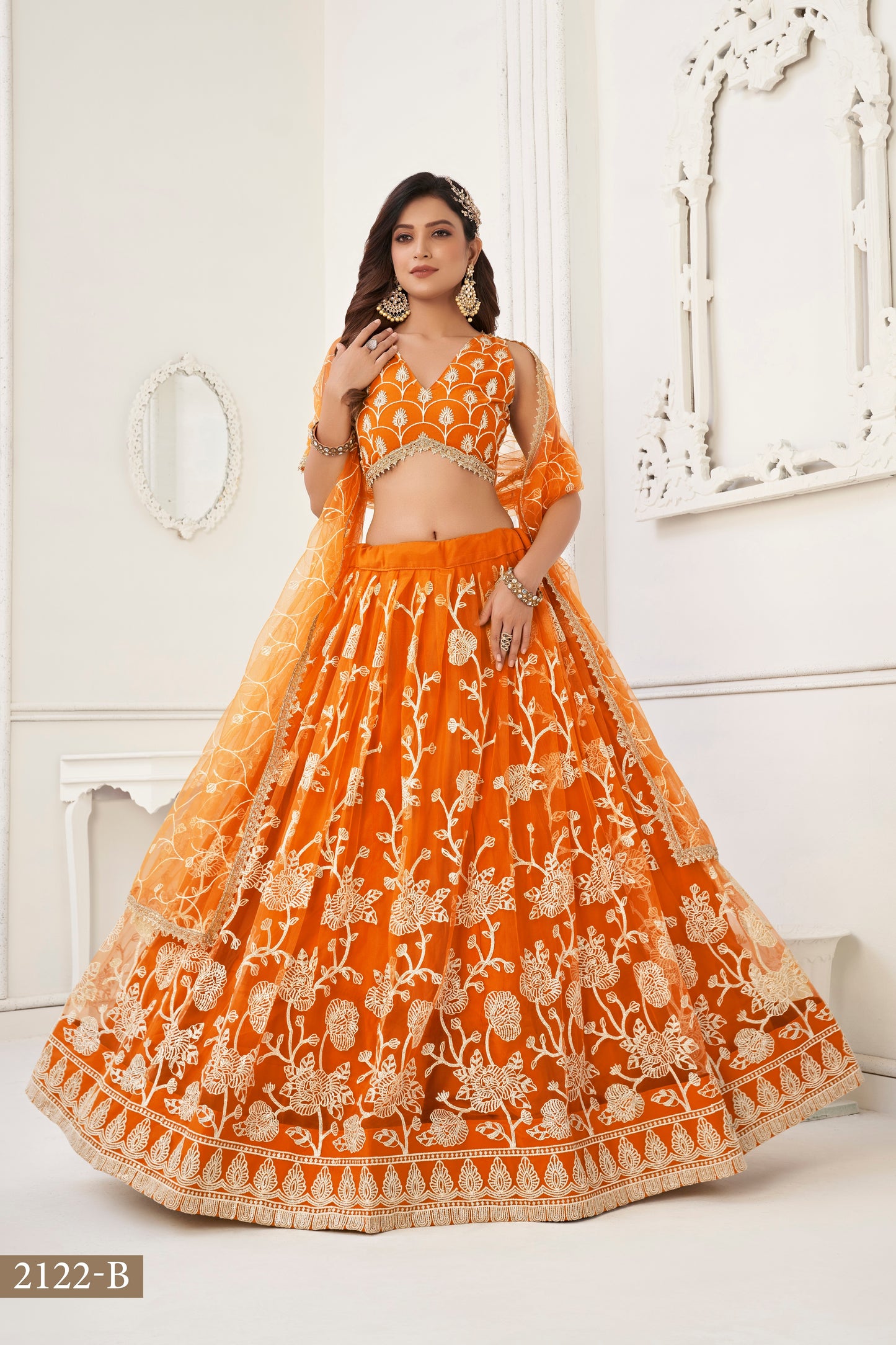 Orange Colour With Embroidery Zari And Sequins Work Reception Wear , Garba Wear , Engagement Wear , wedding Guest Lehenga Choli