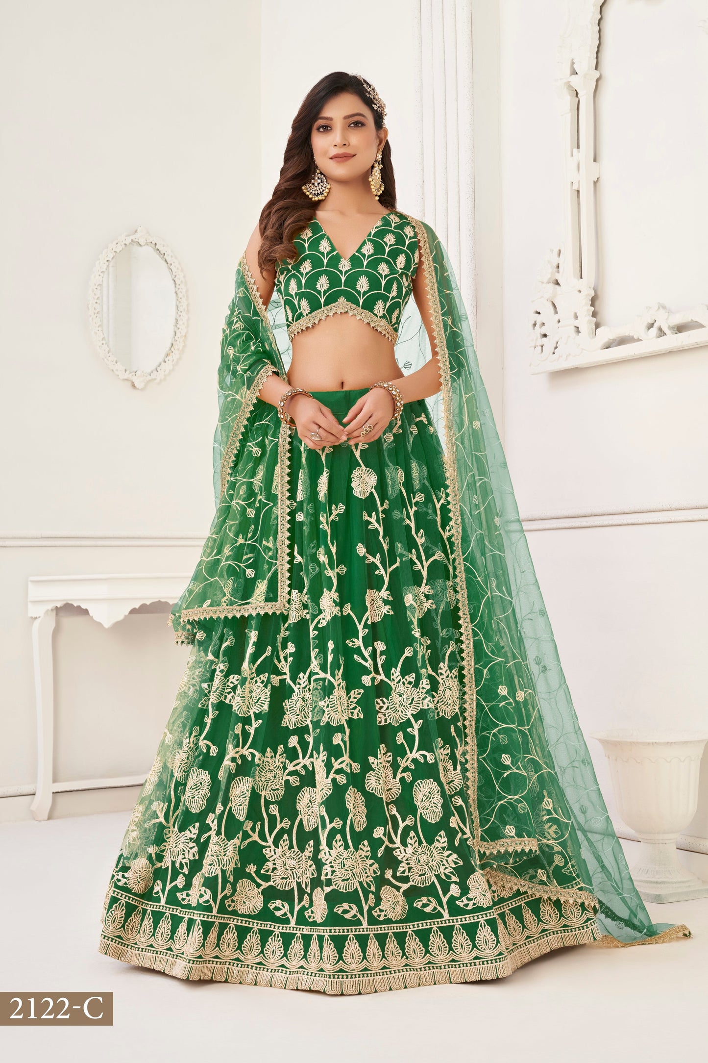 Green Colour With Embroidery Zari And Sequins Work Reception Wear , Garba Wear , Engagement Wear , wedding Guest Lehenga Choli
