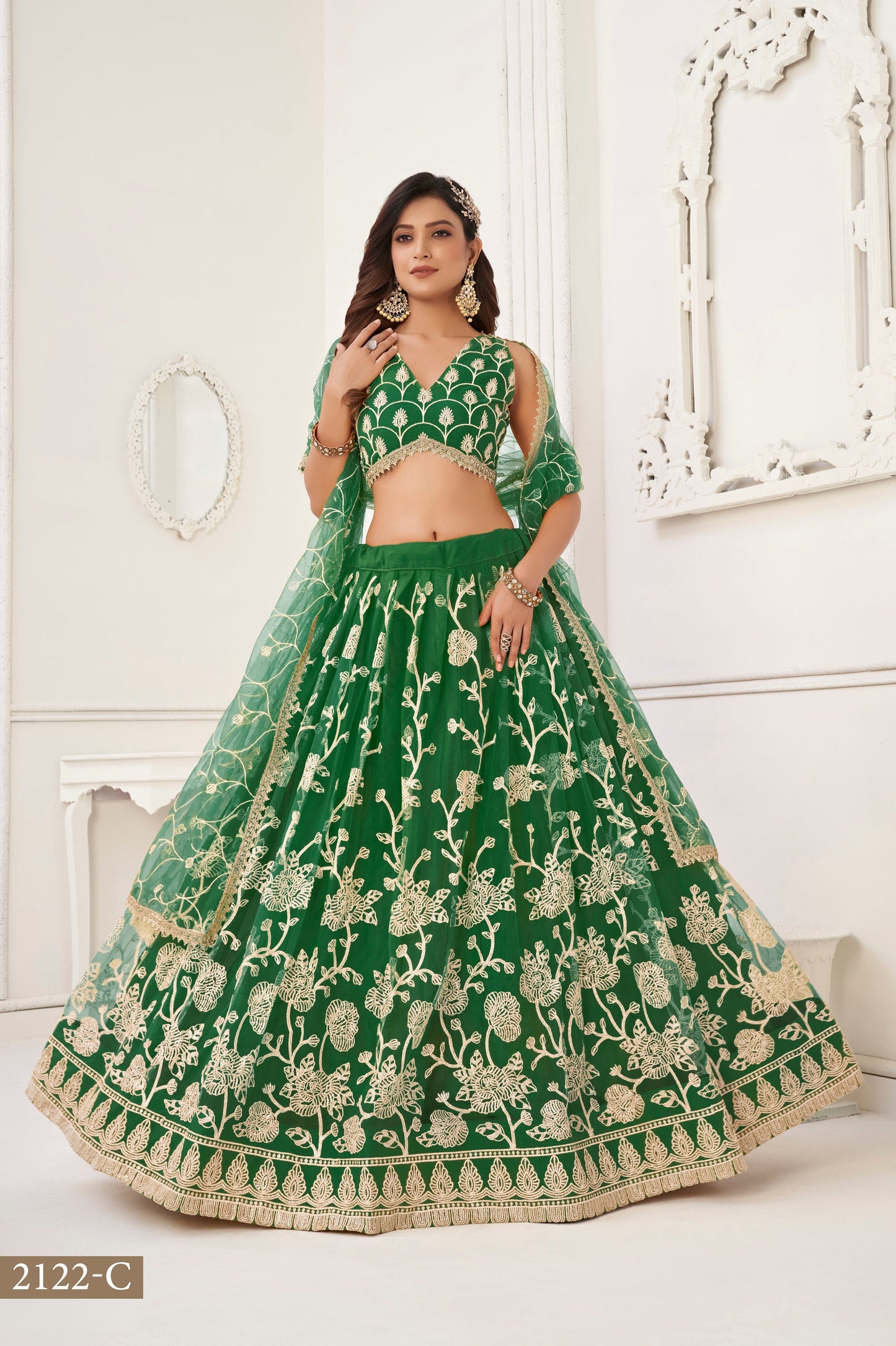 Green Colour With Embroidery Zari And Sequins Work Reception Wear , Garba Wear , Engagement Wear , wedding Guest Lehenga Choli